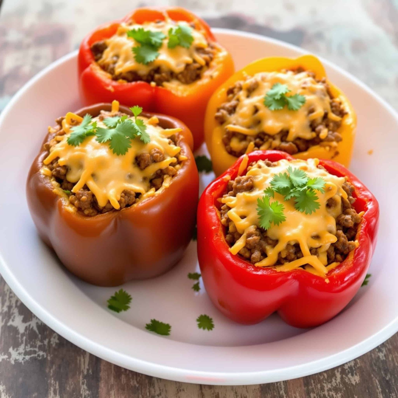 Four colorful bell peppers stuffed with a ground beef mixture, topped with cheese and garnished with cilantro, set on a rustic table.