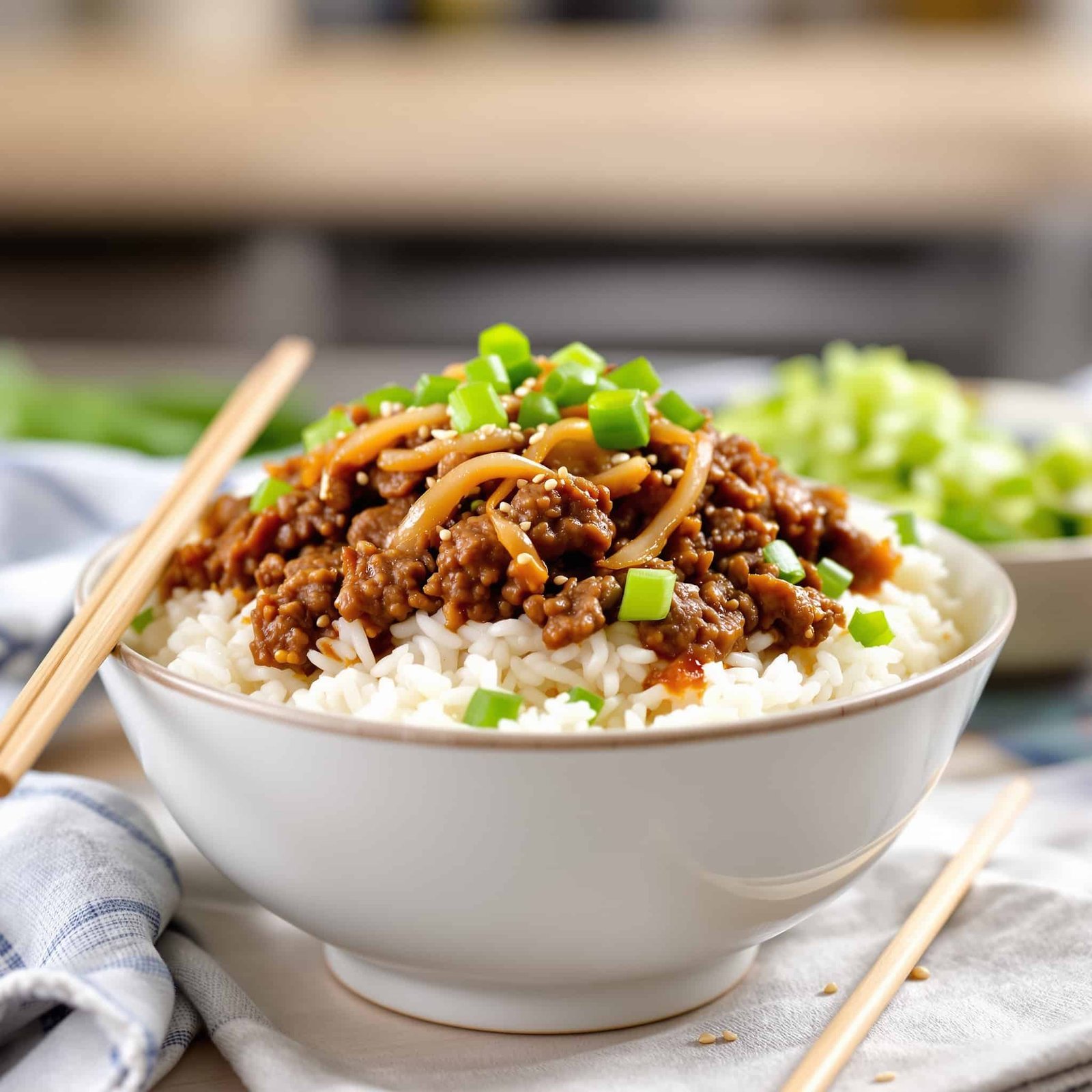 A Beef and Onion Rice Bowl with ground beef and onions over rice, garnished with green onions and sesame seeds.