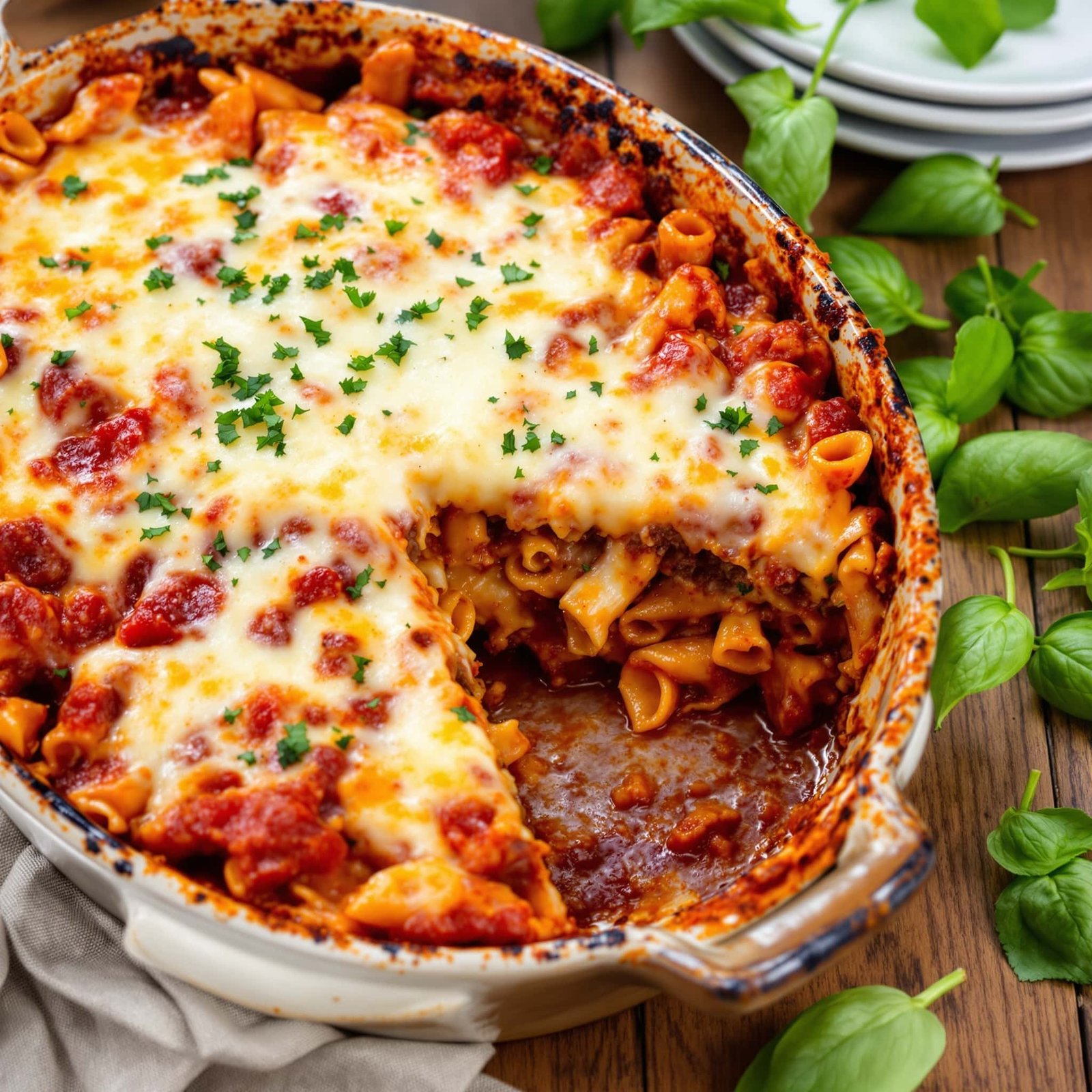 A close-up of beef marinara bake with melted cheese and pasta in a rustic dish.