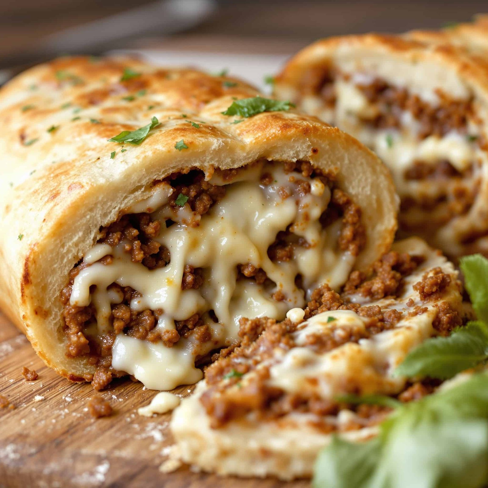 A loaf of beef and mozzarella stuffed bread, sliced to reveal the cheesy filling, placed on a wooden cutting board.
