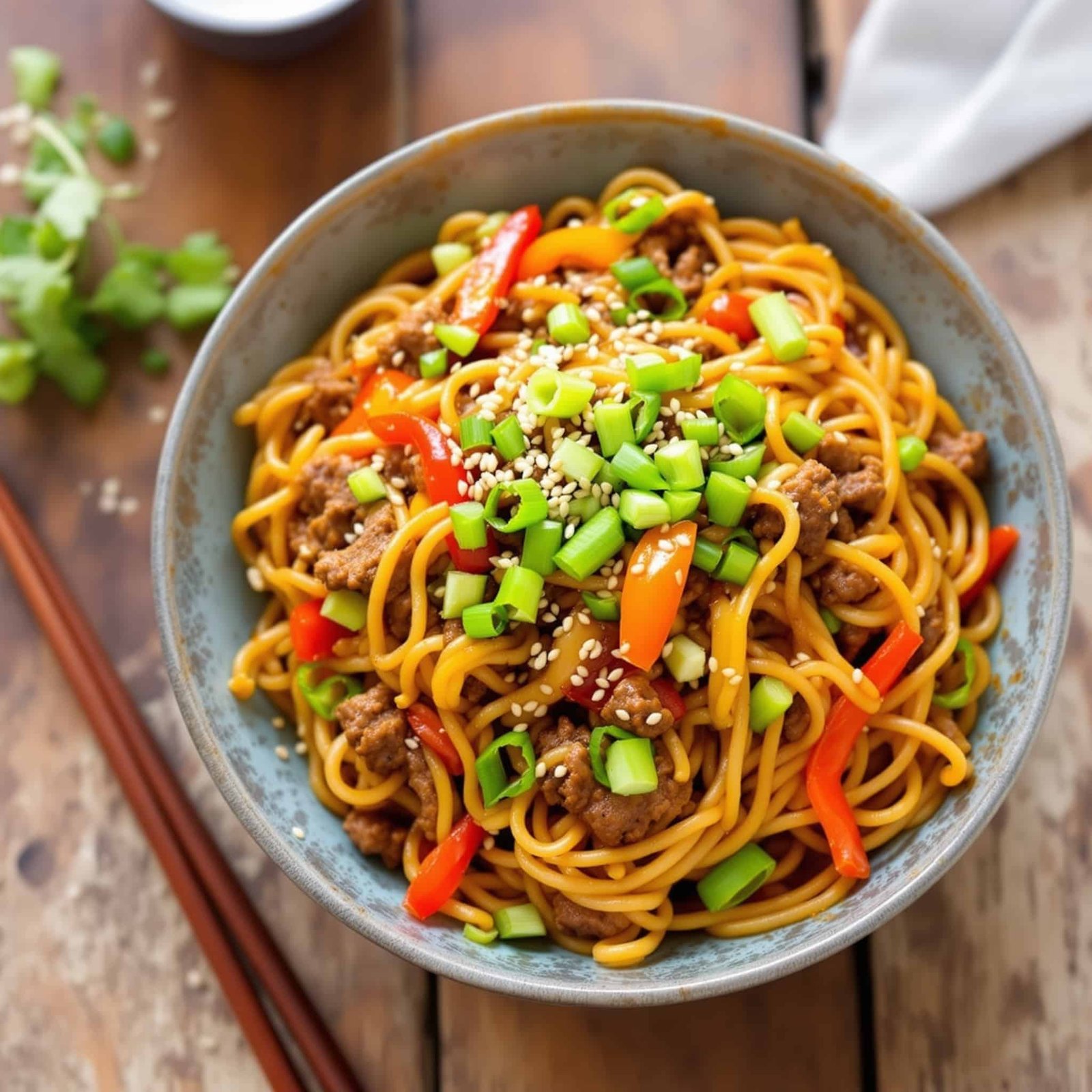 A bowl of ground beef teriyaki noodles with bell peppers and green onions, garnished with sesame seeds, on a rustic wooden table.