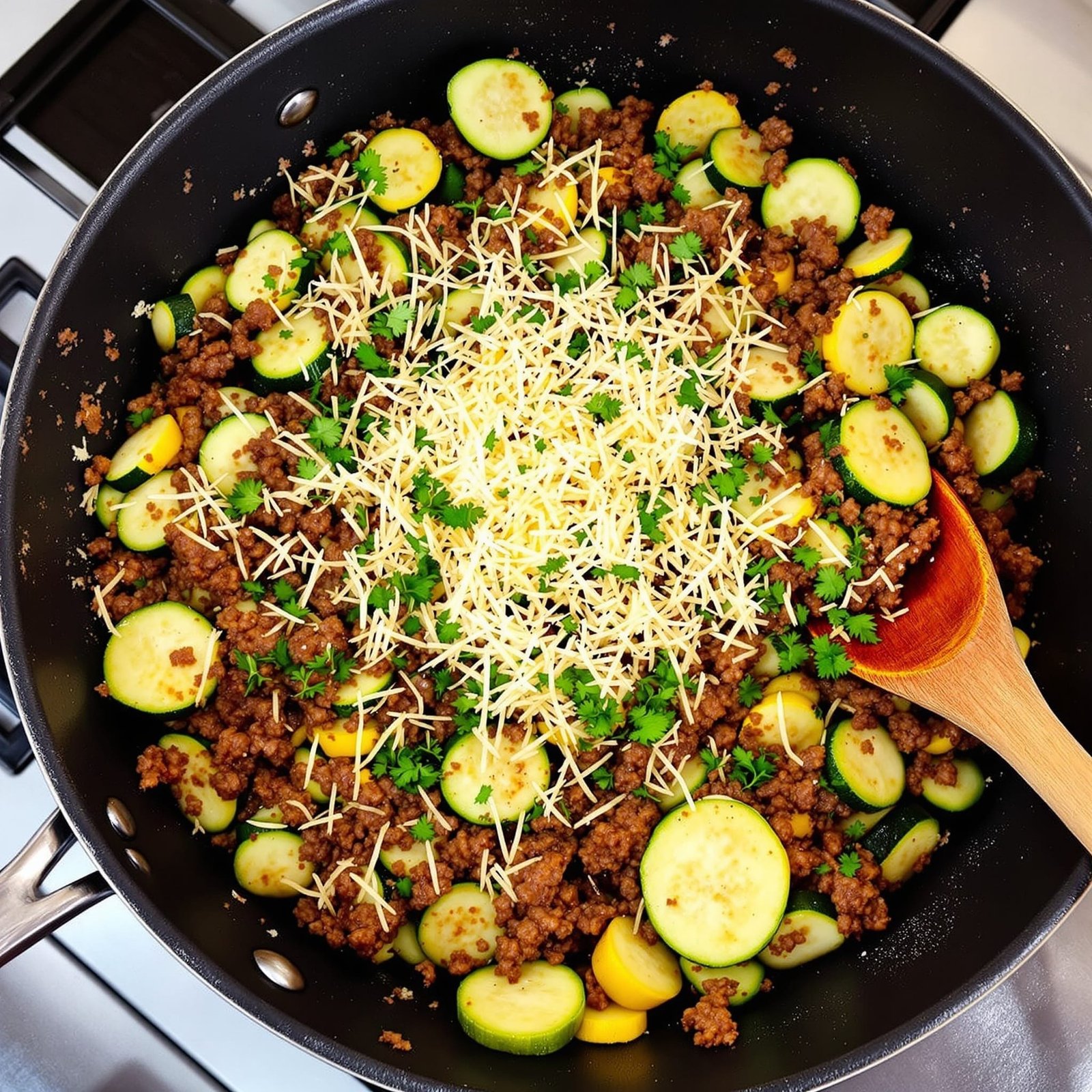 Beef and zucchini skillet dish topped with Parmesan cheese and fresh herbs in a modern kitchen.