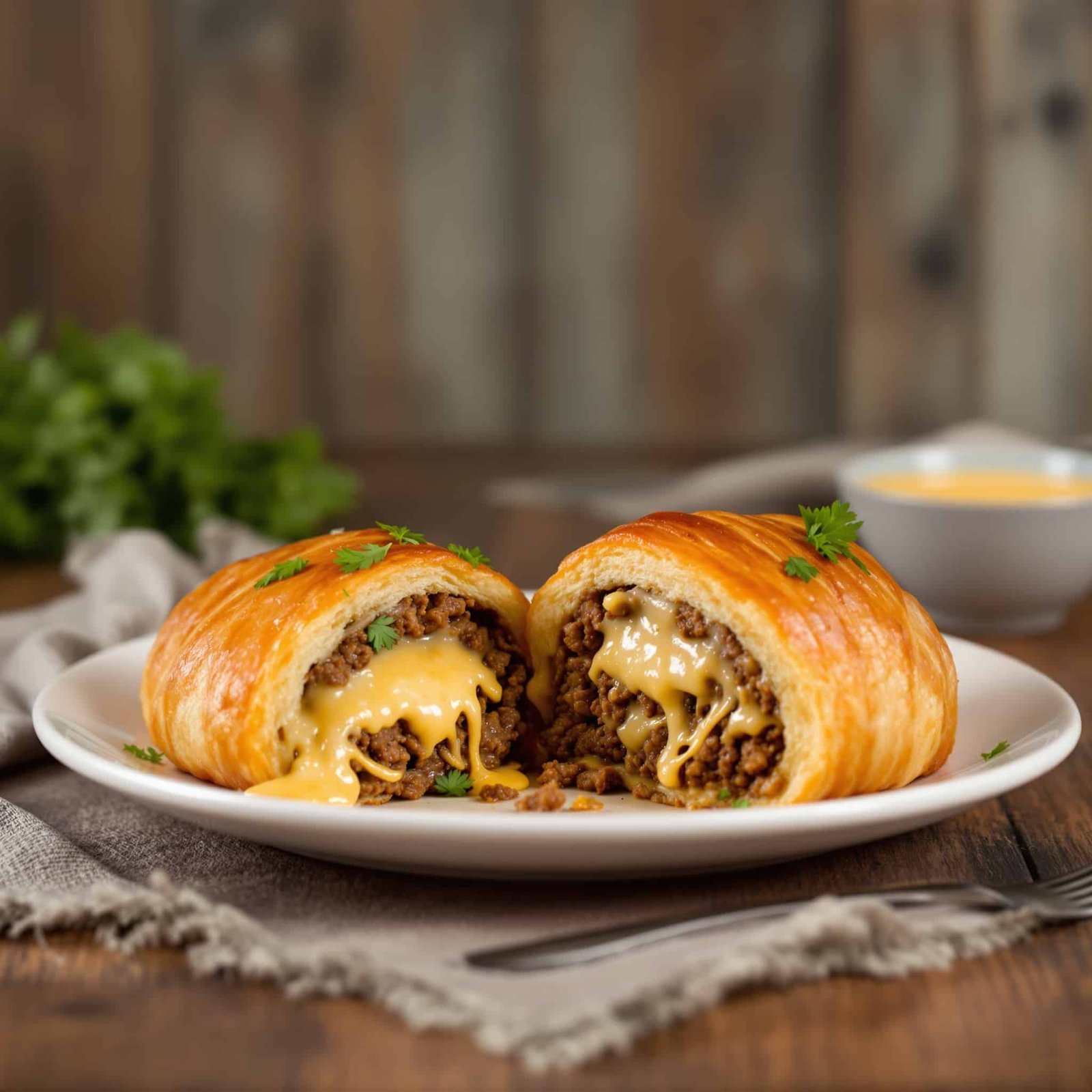 Cheesy ground beef stuffed croissant on white plate, cut open to show filling, garnished with parsley.