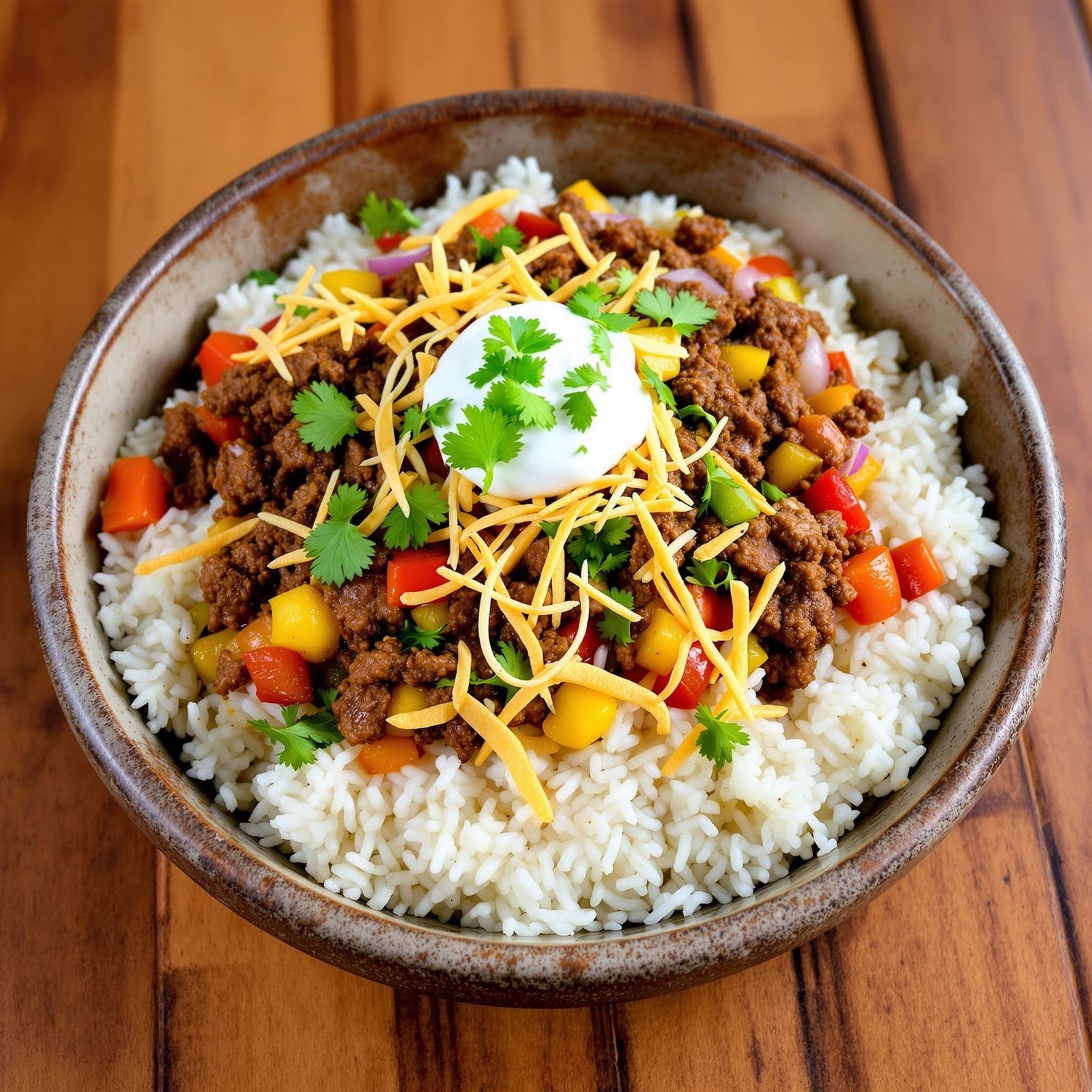 Ground beef fajita rice bowl topped with cheese, sour cream, and cilantro on a rustic table.