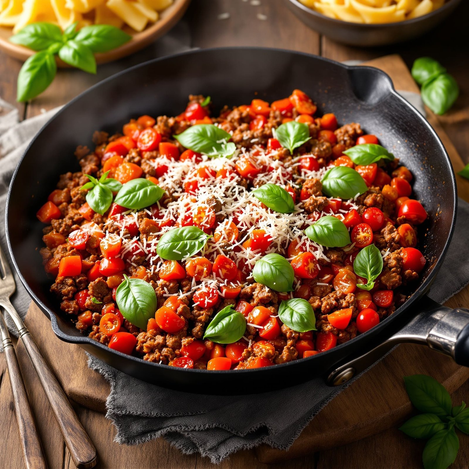 A delicious Beef and Tomato Basil Skillet with ground beef, tomatoes, and basil, garnished with Parmesan cheese.