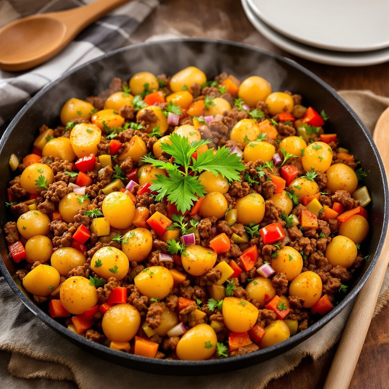 Beef and potato hash in a skillet, featuring crispy potatoes, ground beef, and colorful vegetables, garnished with parsley.