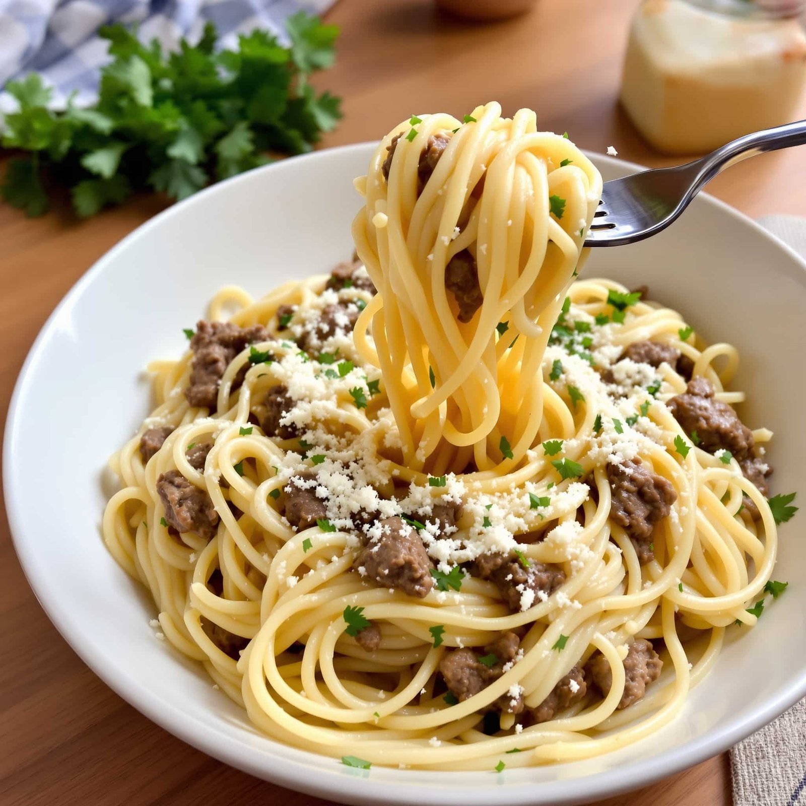 Creamy beef garlic pasta in a bowl, garnished with parsley and Parmesan cheese, with a fork twirling the noodles.