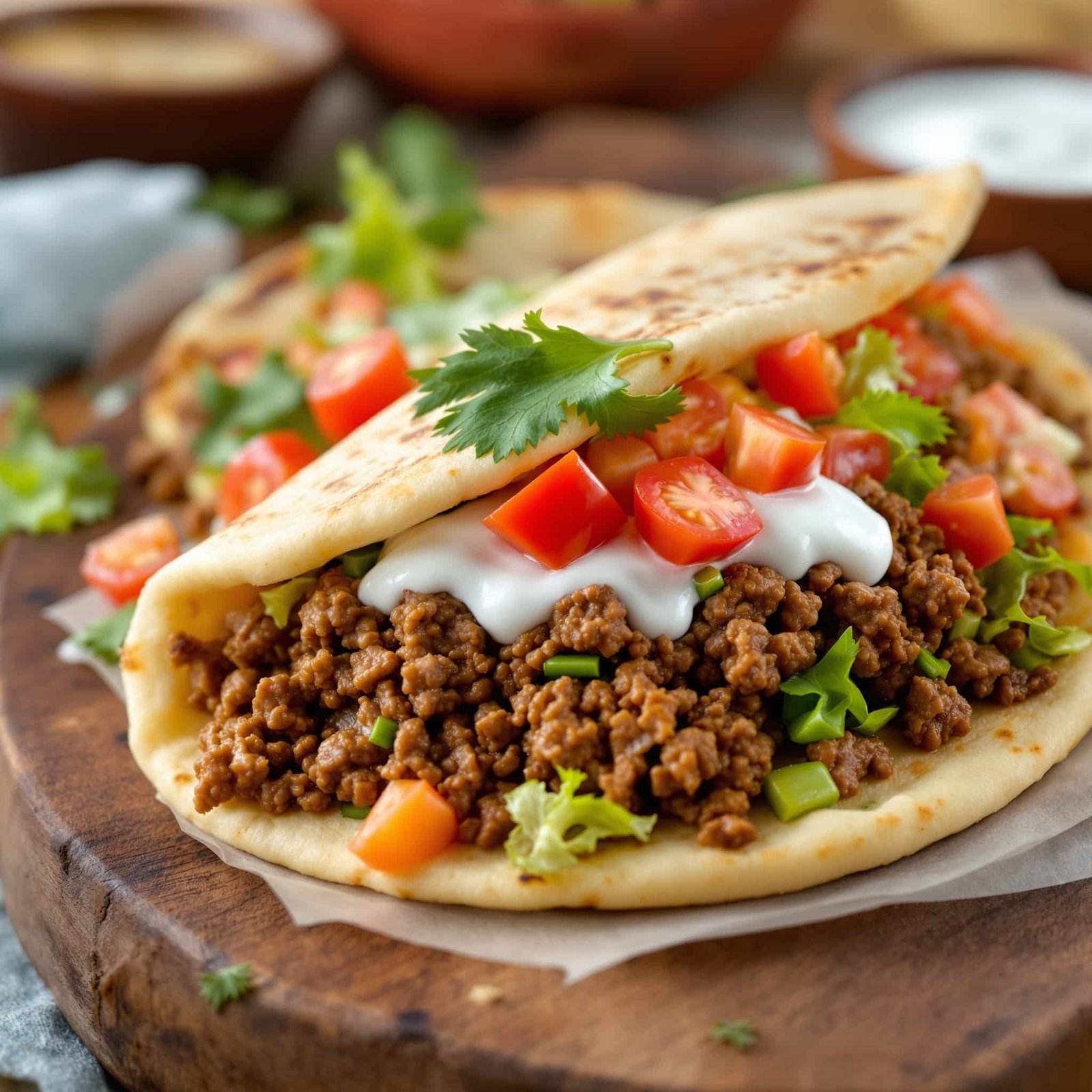 Savory ground beef stuffed flatbread garnished with lettuce and tomatoes on a wooden board with a side of sour cream.