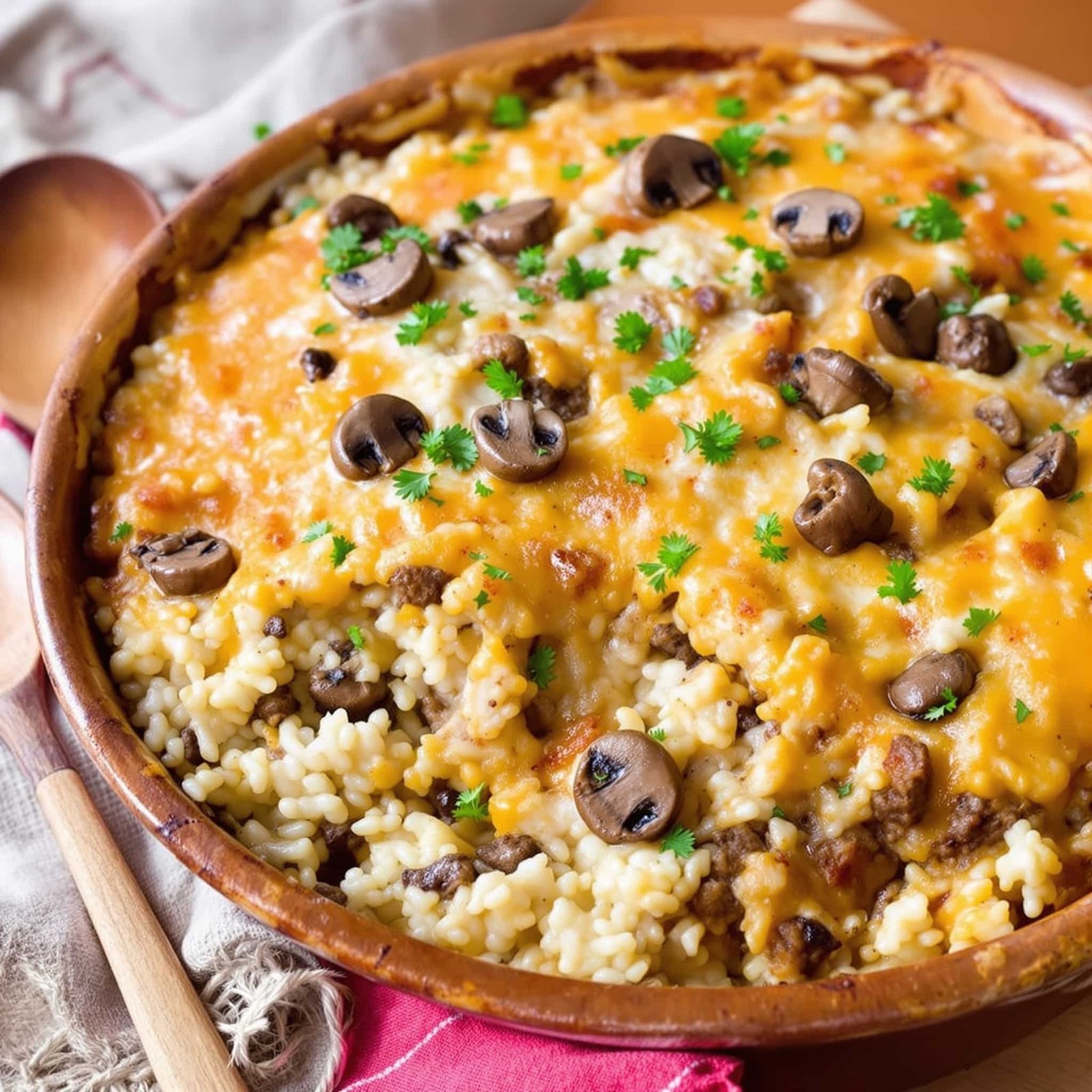 Beef and mushroom rice bake in a ceramic dish, with golden cheese on top, ready to serve.