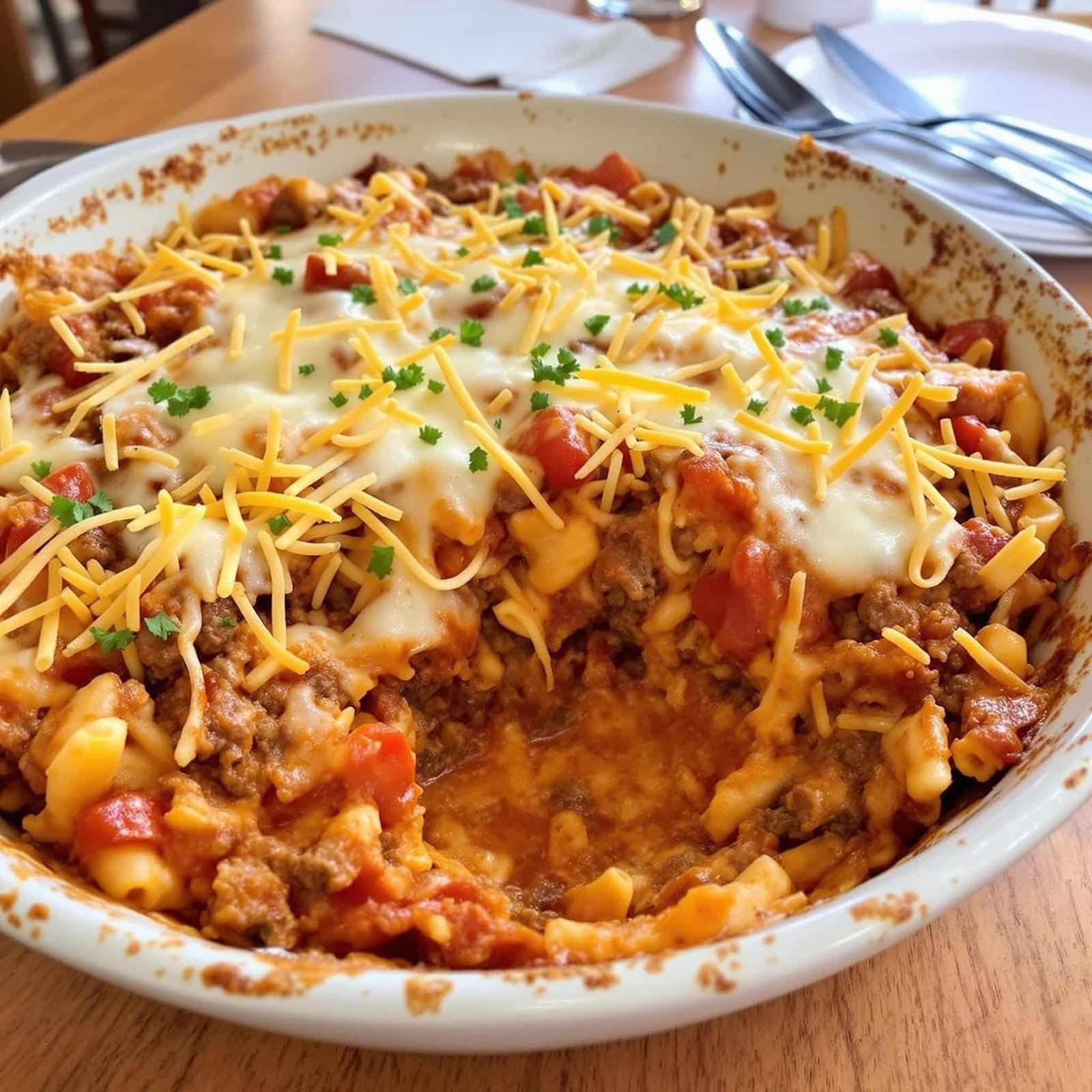 A cheesy beef and tomato bake with melted cheese and ground beef in a rustic casserole dish.