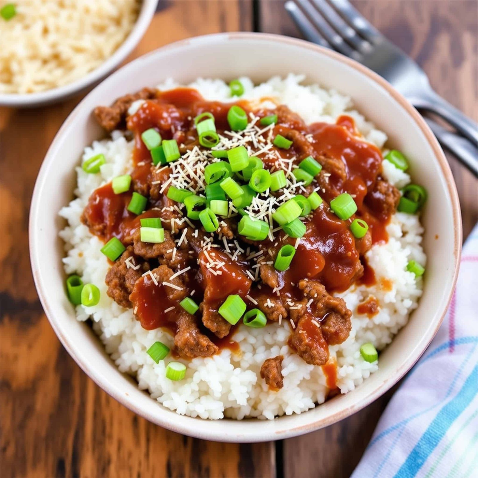 A savory ground beef BBQ rice bowl with beef in BBQ sauce over rice, garnished with green onions, on a wooden table.