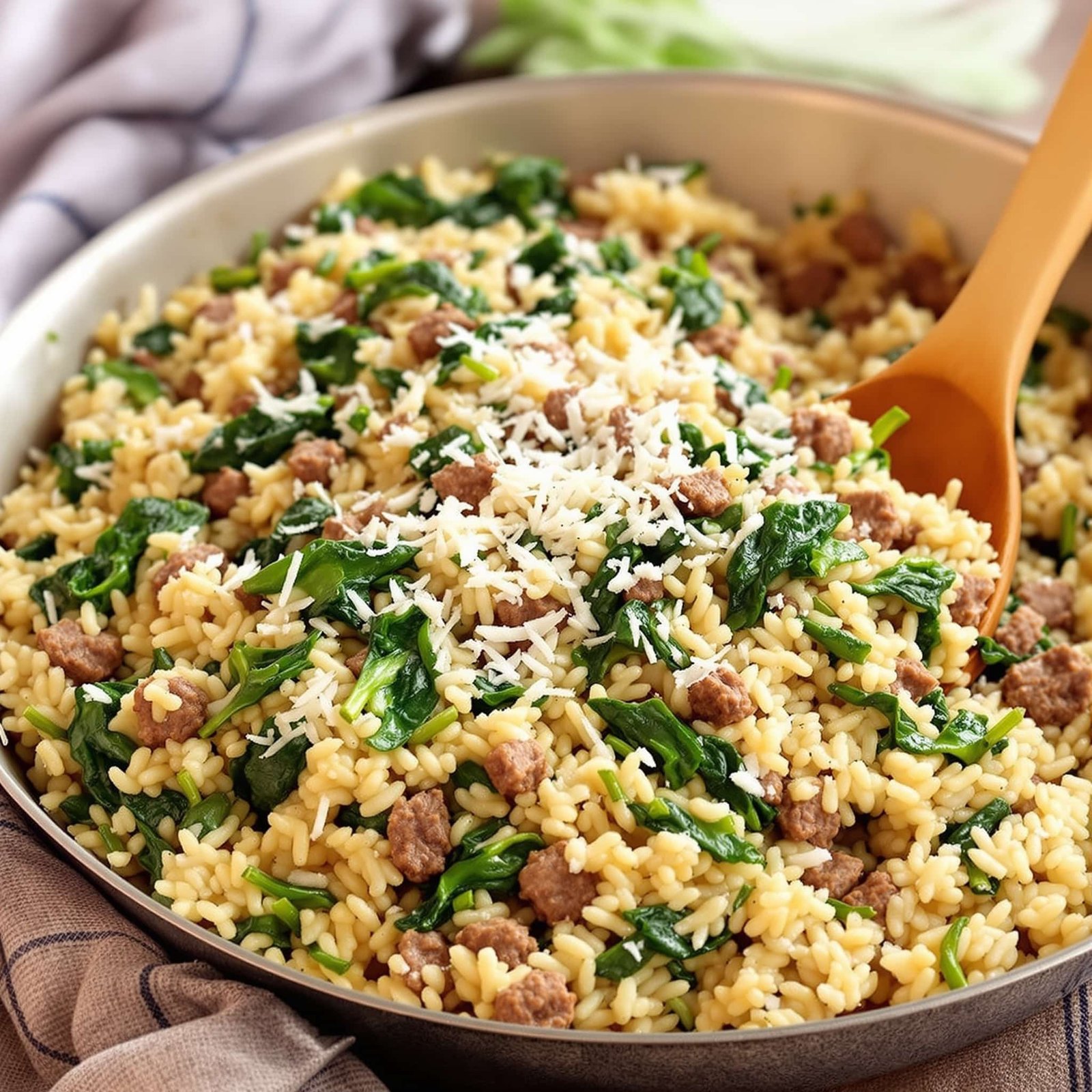A delicious Beef and Spinach Rice Skillet with ground beef, rice, and spinach garnished with Parmesan cheese, served in a skillet.