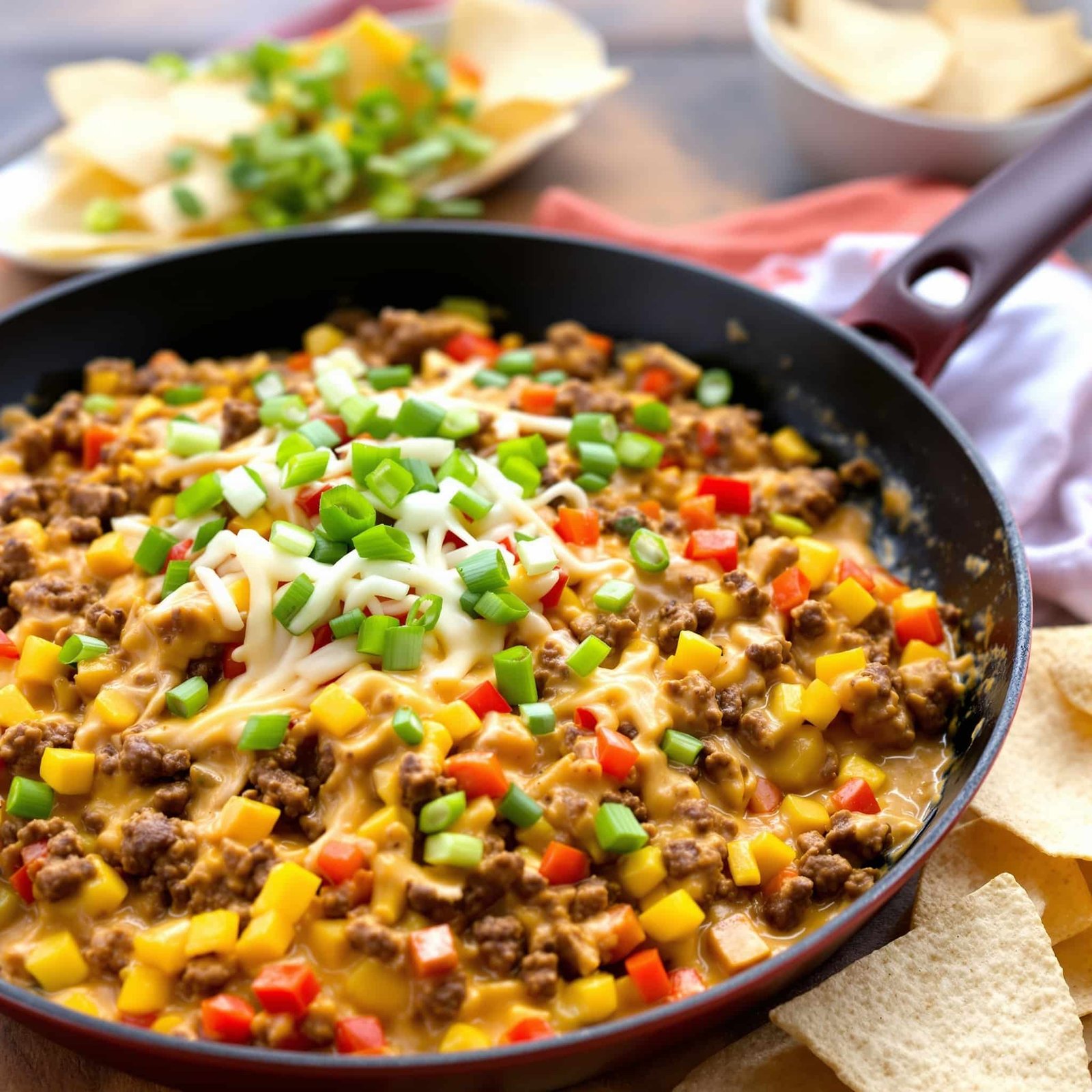 Creamy beef taco skillet topped with green onions, served with tortilla chips.
