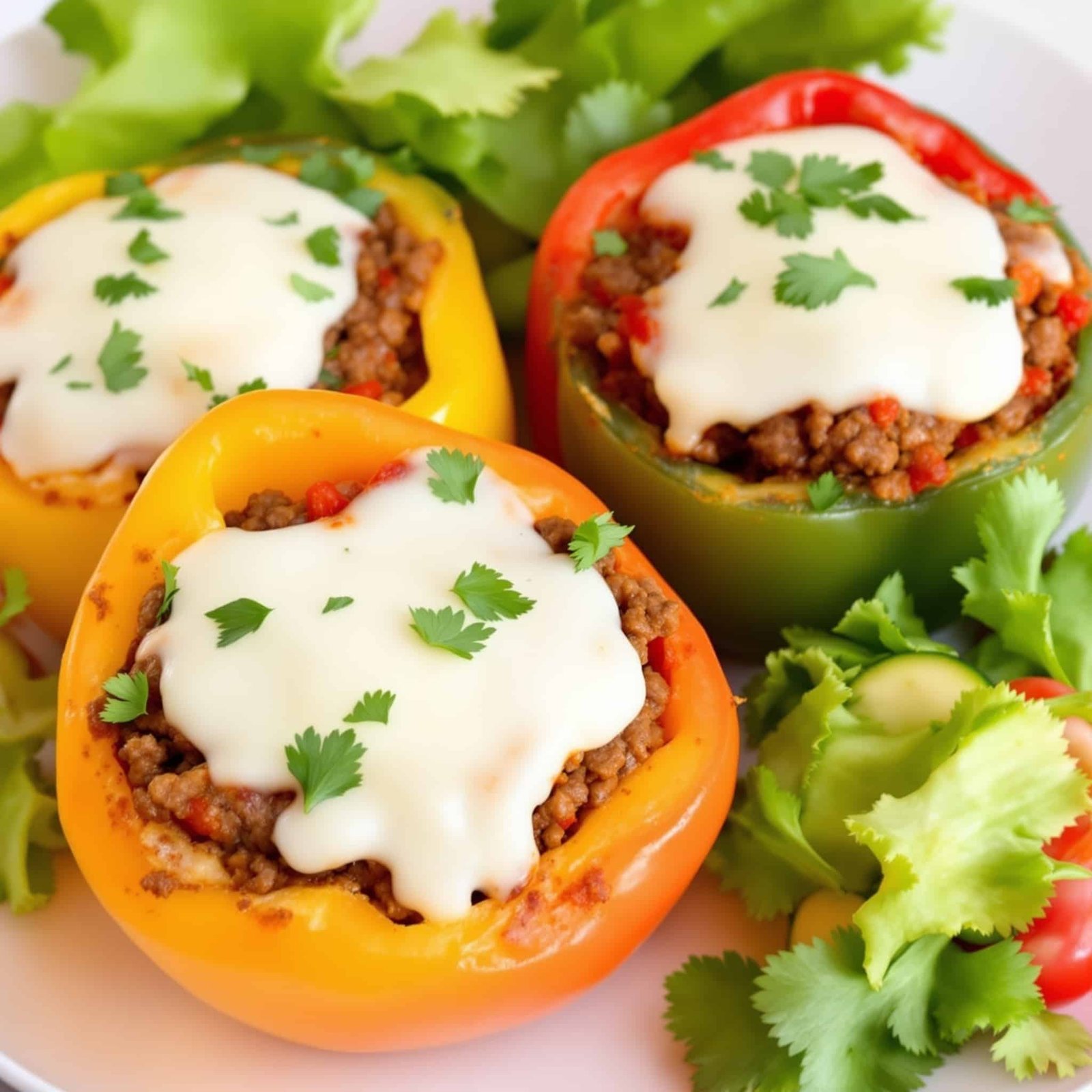 Stuffed bell peppers filled with ground beef and rice, topped with melted cheese, garnished with parsley.