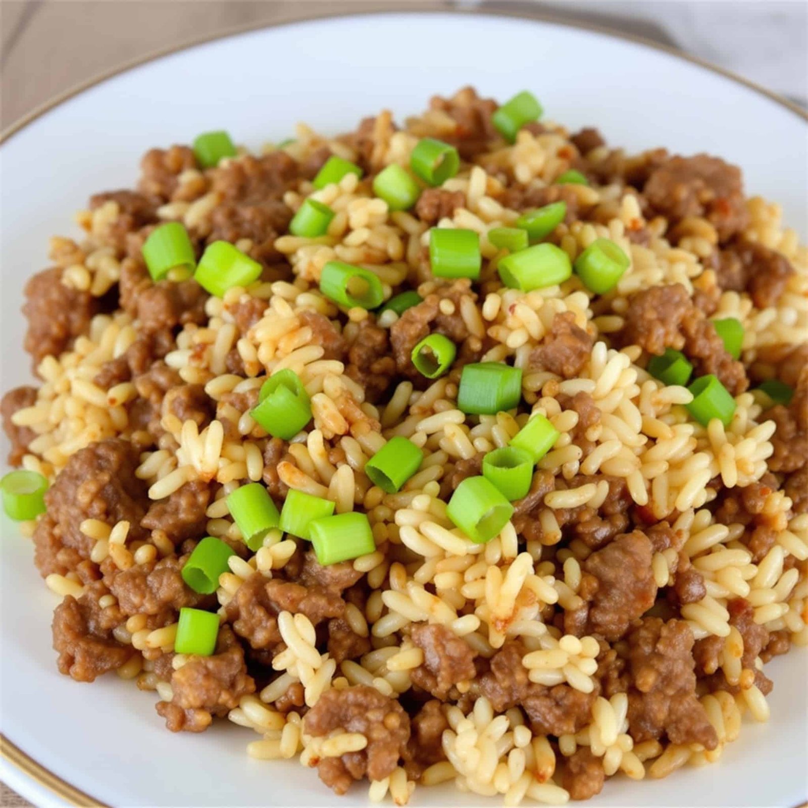 A serving of Beef and Garlic Butter Rice with ground beef, garlic, and garnished with green onions on a rustic table.