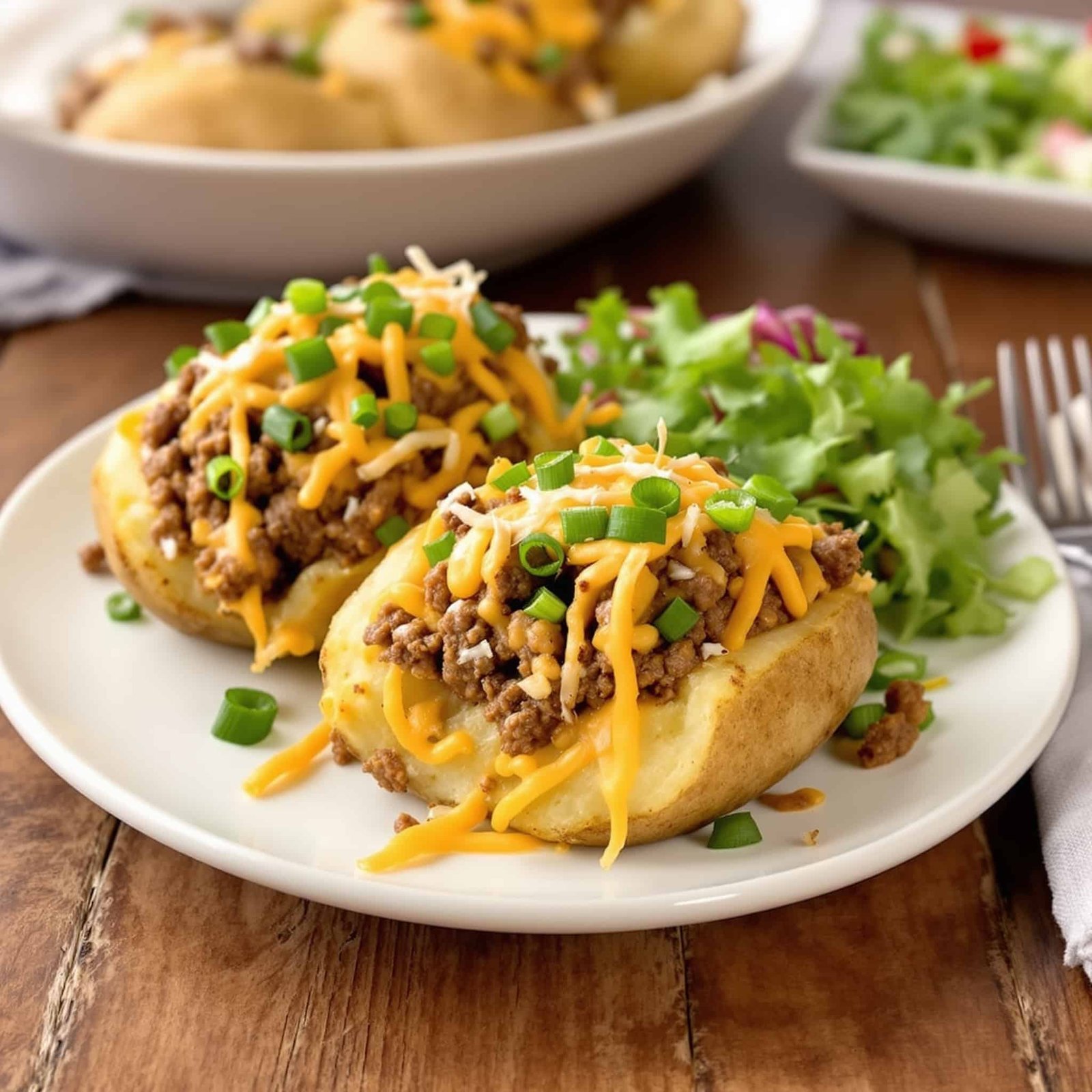 Cheesy beef stuffed potatoes with ground beef, melted cheese, and green onions on a wooden table.