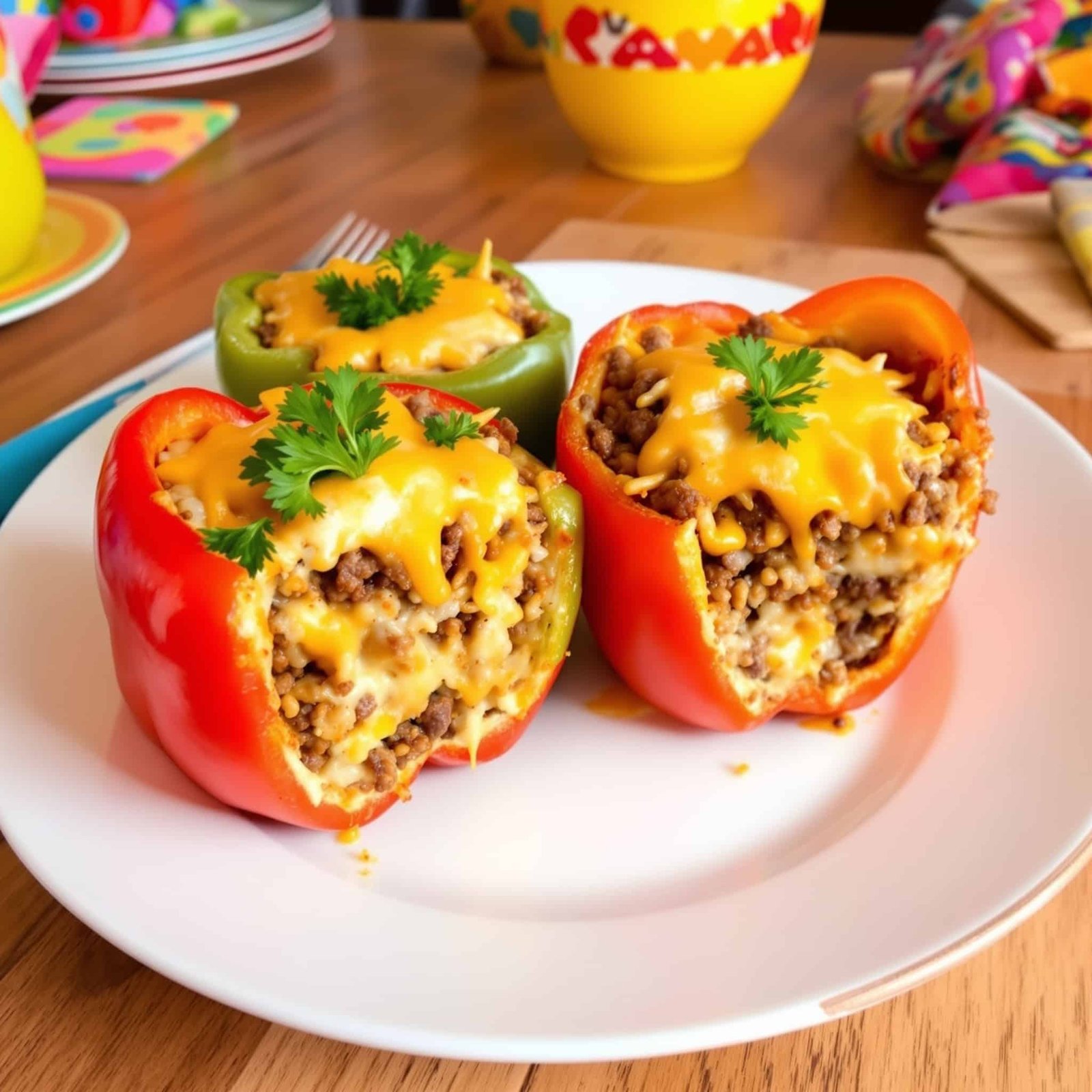 Cheesy stuffed bell peppers filled with beef and rice, garnished with parsley on a rustic wooden table.