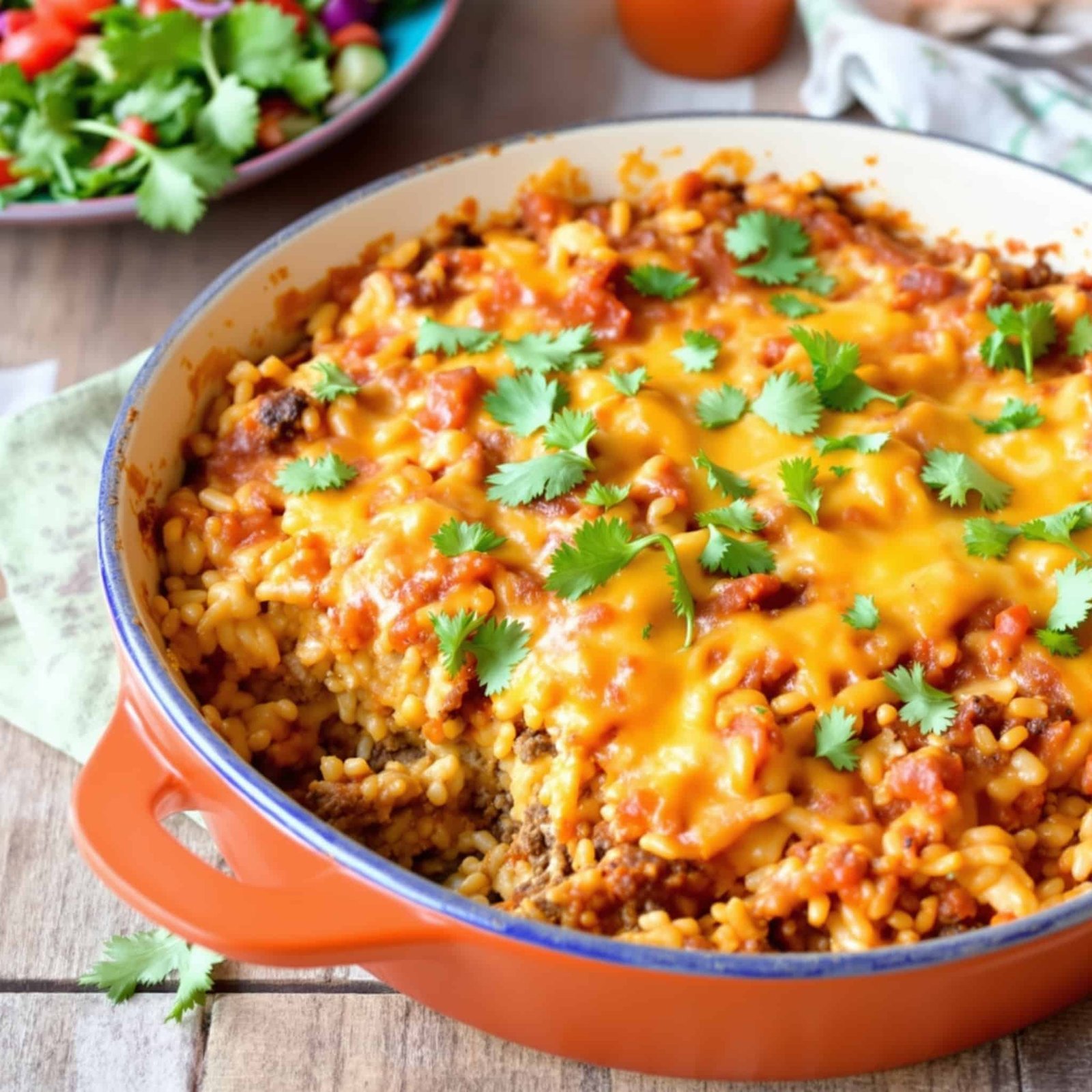Ground beef Mexican rice bake in a ceramic dish, topped with cheese and cilantro beside a fresh salad.