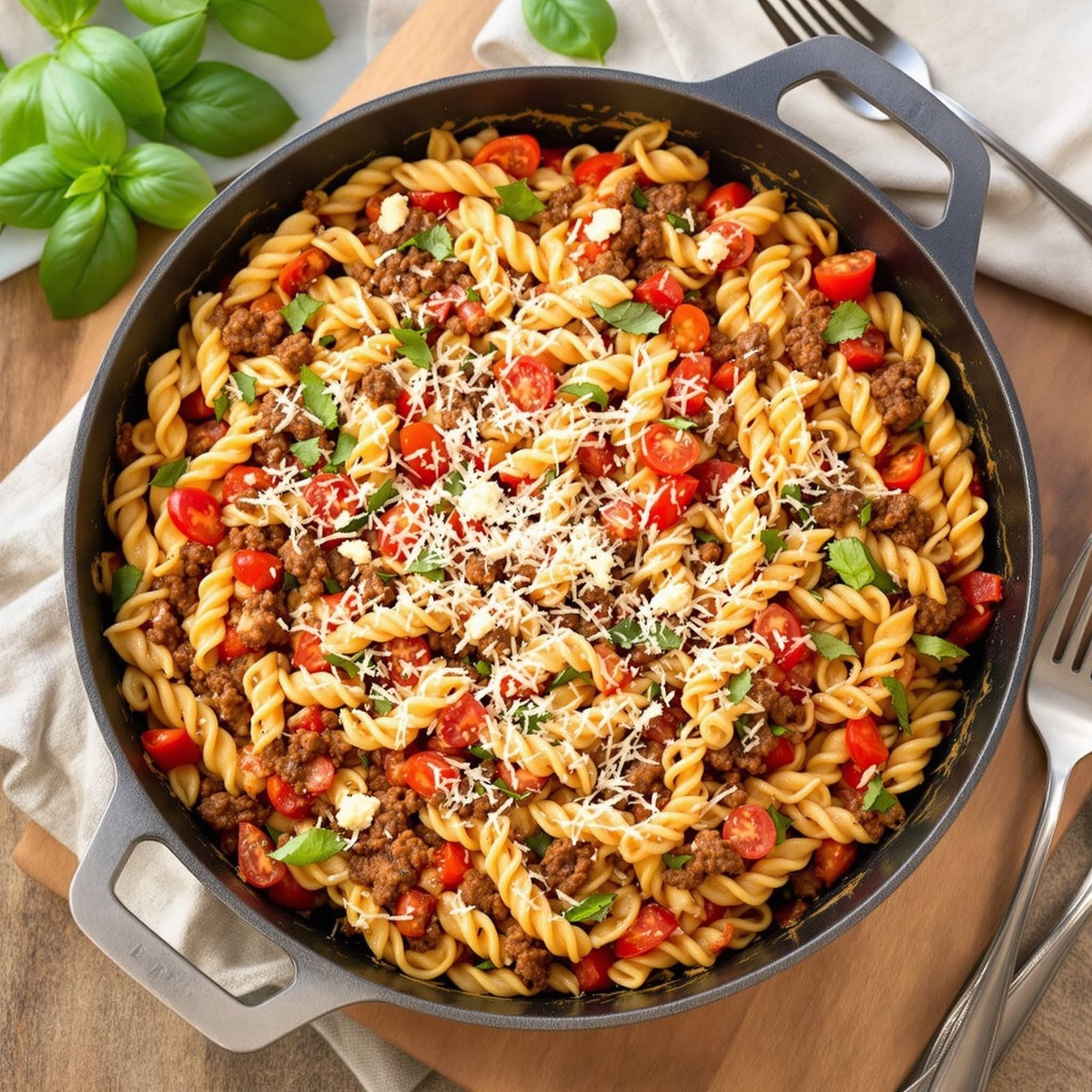 Beef and Basil Pasta in a skillet with ground beef, tomatoes, and fresh basil, topped with Parmesan cheese.