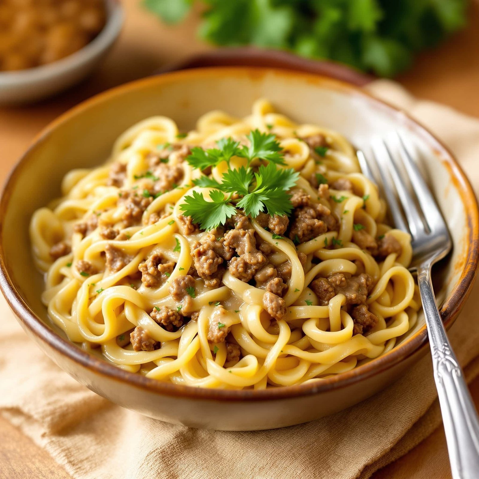 Creamy beef herb noodles in a bowl, garnished with parsley, on a kitchen table.
