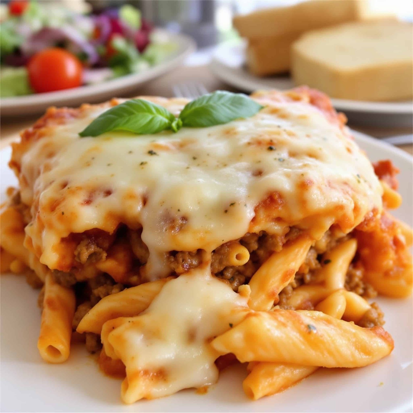 Ground Beef Pizza Pasta Bake in a baking dish topped with melted cheese and fresh basil.
