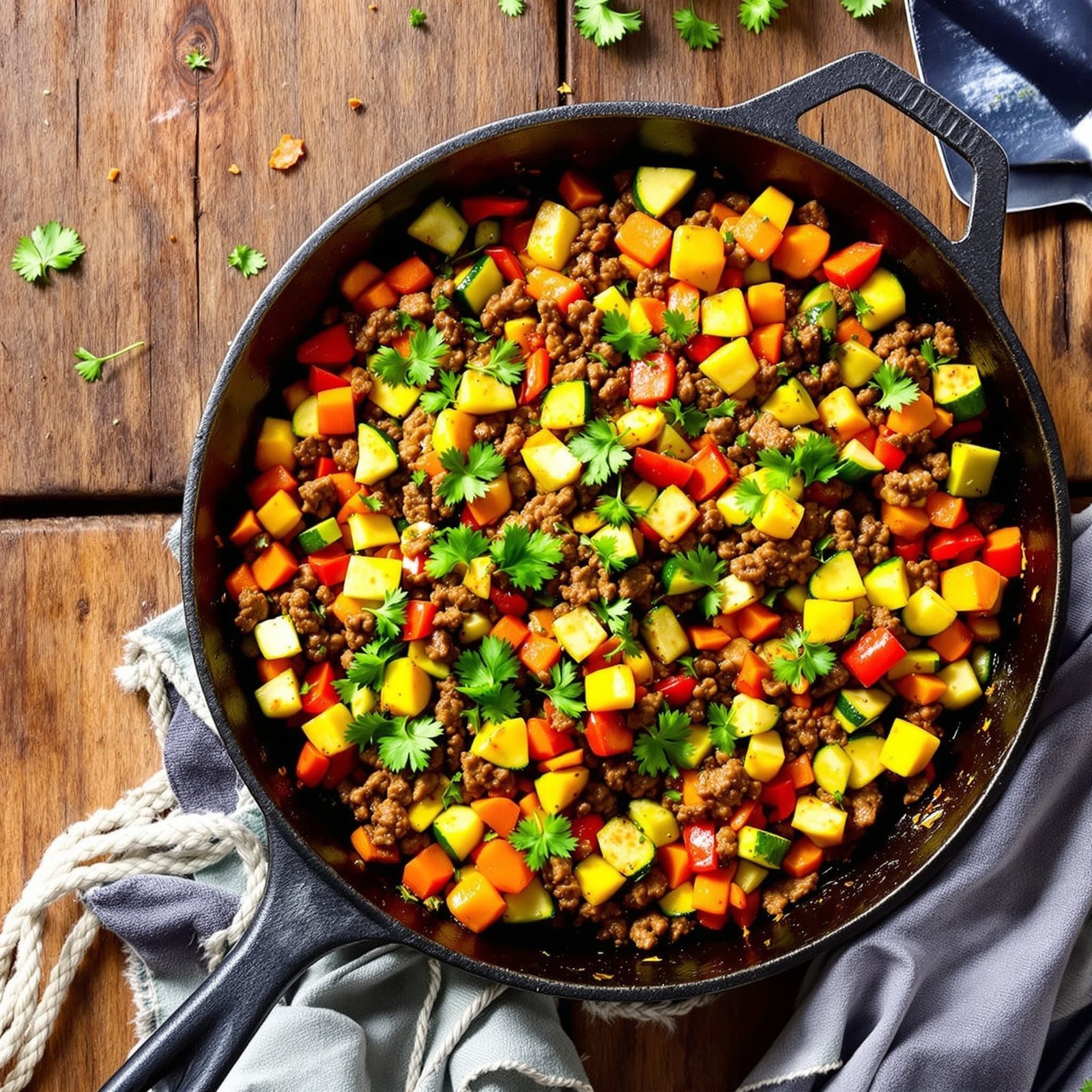 A vibrant beef and vegetable skillet with ground beef, zucchini, bell peppers, and carrots in a cast iron skillet garnished with parsley.
