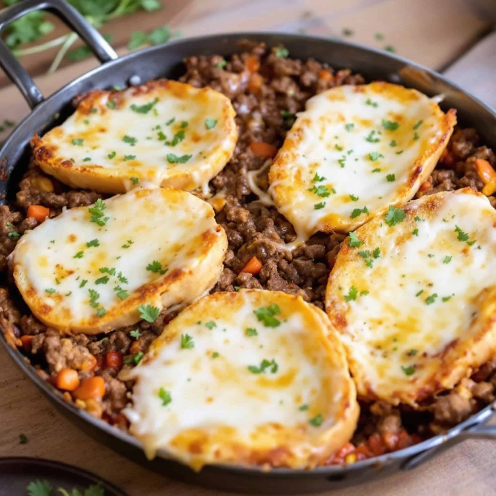 A cheesy beef garlic bread skillet, with melted cheese and crispy bread, garnished with parsley, on a wooden table.