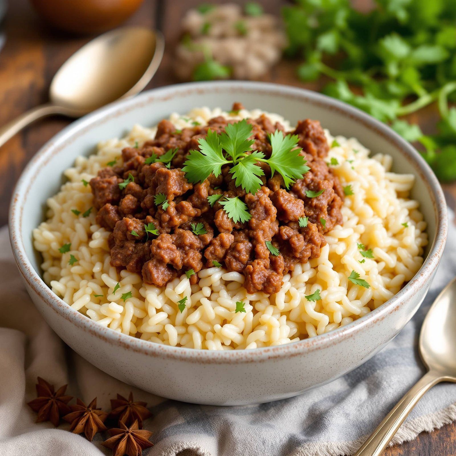 A creamy rice bowl topped with ground beef and garnished with parsley on a rustic wooden table.