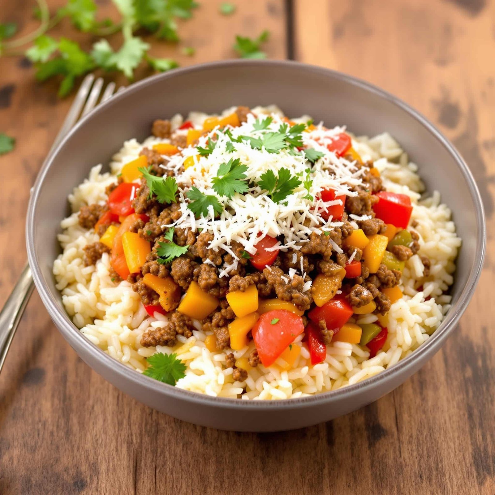 A delicious Ground Beef Italian Rice Bowl with ground beef, bell peppers, rice, and Parmesan cheese, garnished with parsley on a wooden table.