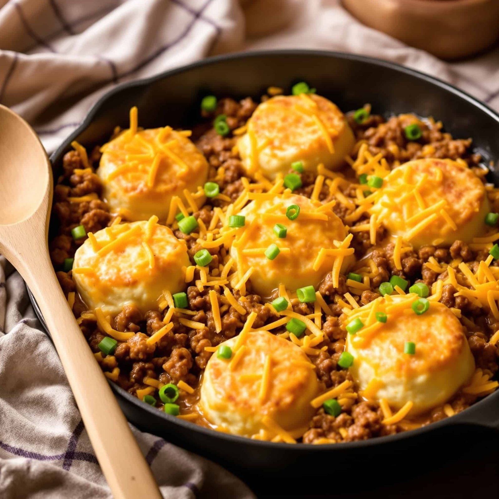 Cheesy Beef Biscuit Skillet with golden biscuits, ground beef, and cheese, garnished with green onions in a skillet on a wooden table.