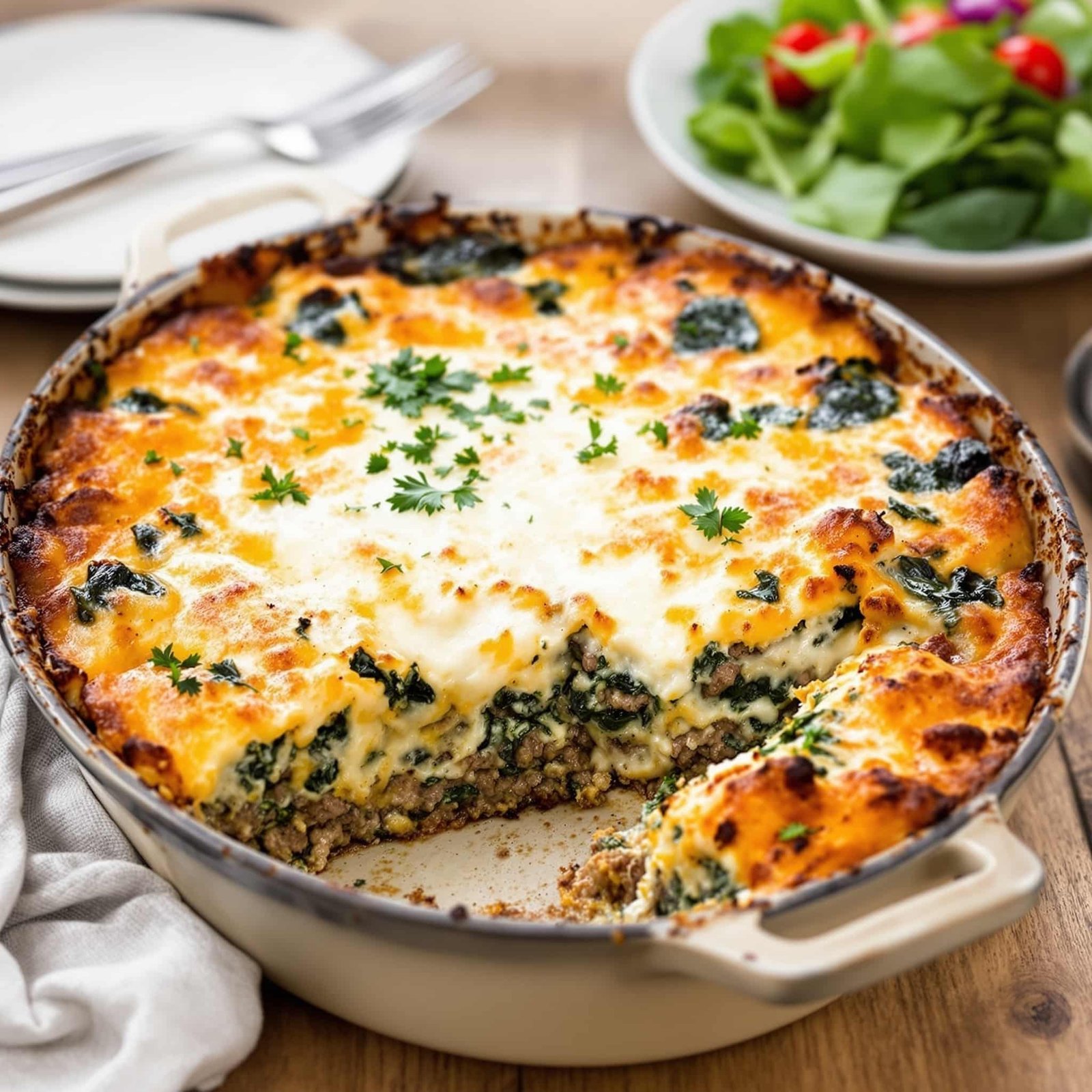 Cheesy beef and spinach bake in a casserole dish with a golden top, served with parsley and a slice cut out.