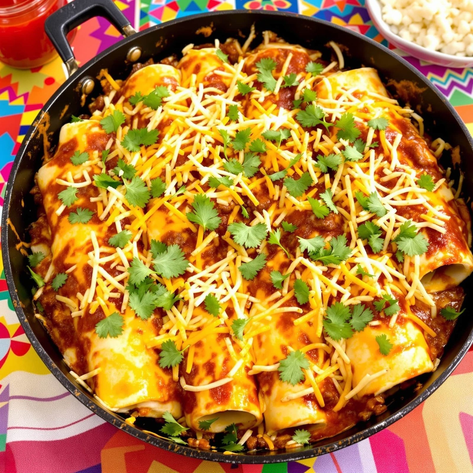 A skillet of beef enchiladas topped with melted cheese and cilantro, ready to be served.