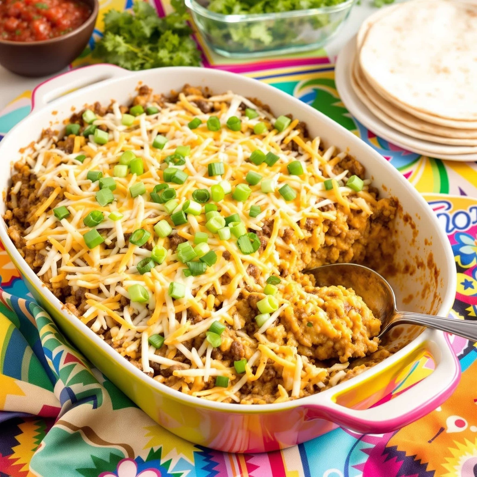 A delicious Ground Beef Taco Rice Bake with melted cheese and garnished with green onions, in a baking dish, ready to be served.