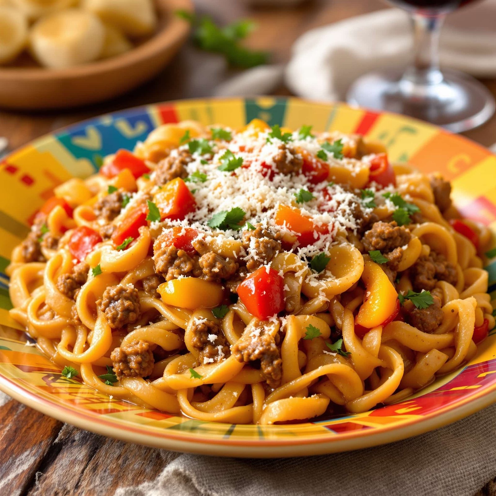 Creamy beef pepper pasta with ground beef, bell peppers, and Parmesan cheese on a rustic table.