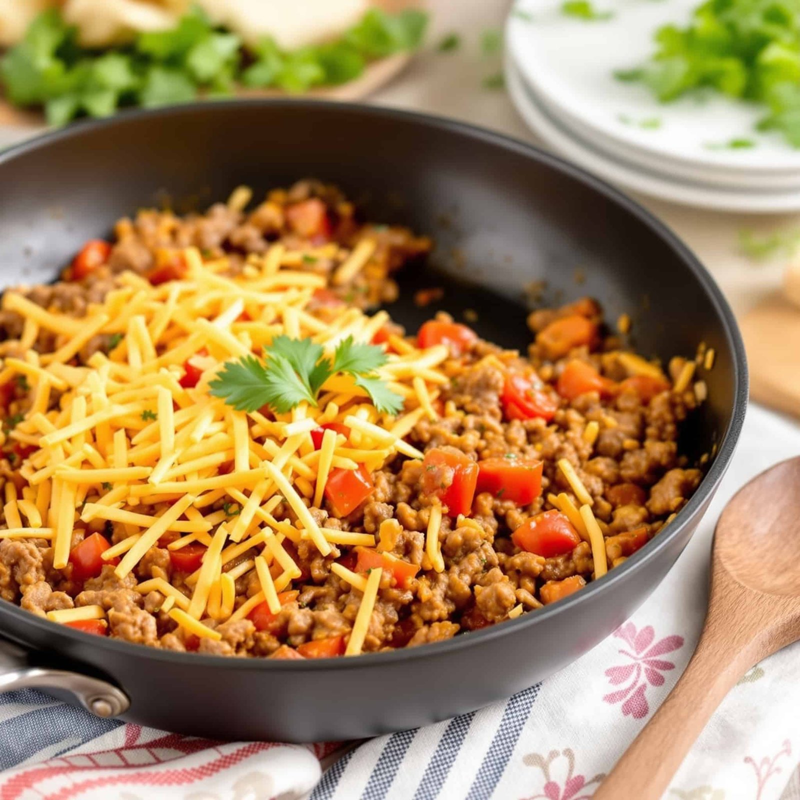 A delicious Beef and Tomato Cheese Skillet with ground beef, tomatoes, and melted cheese, garnished with parsley on a rustic kitchen table.