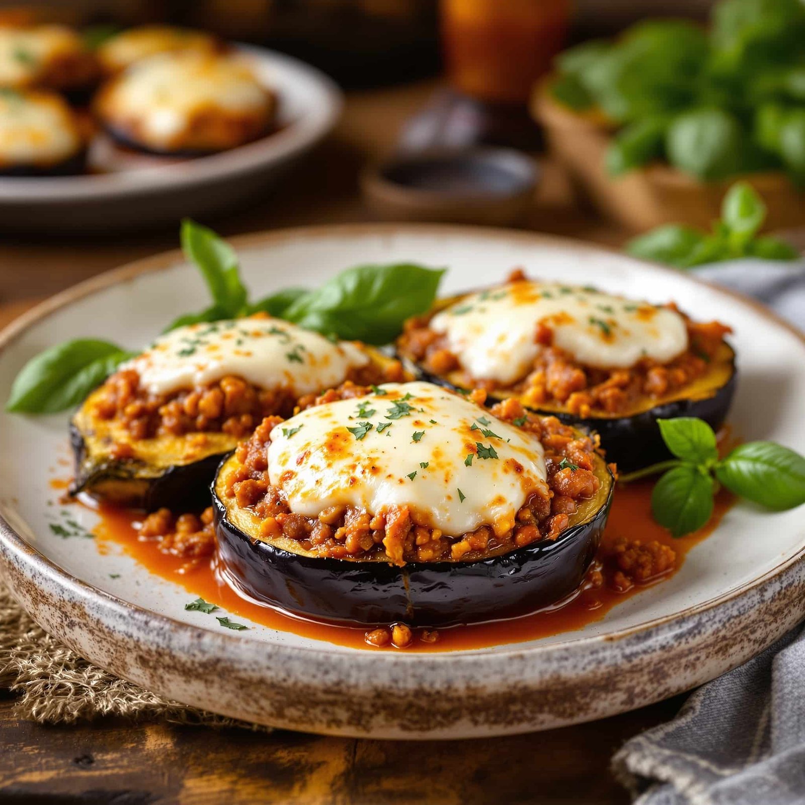 Baked eggplant halves stuffed with ground beef and topped with cheese, garnished with fresh basil.