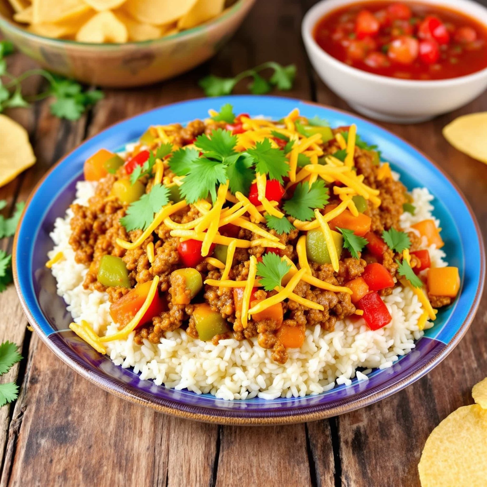 A delicious serving of ground beef Tex Mex rice topped with melted cheese and garnished with cilantro.
