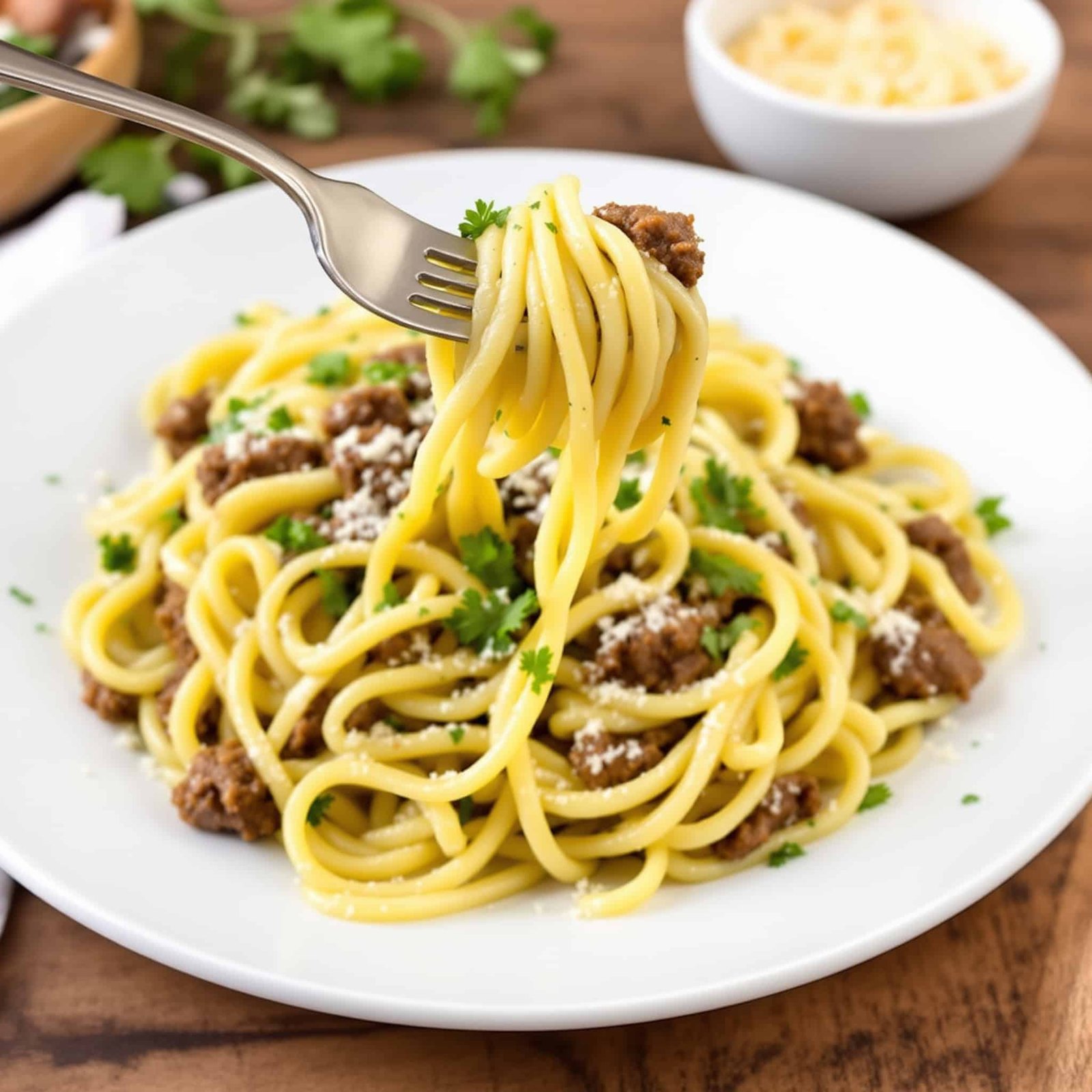 A plate of Beef and Herb Butter Pasta with ground beef, topped with parsley and Parmesan on a rustic wooden table.