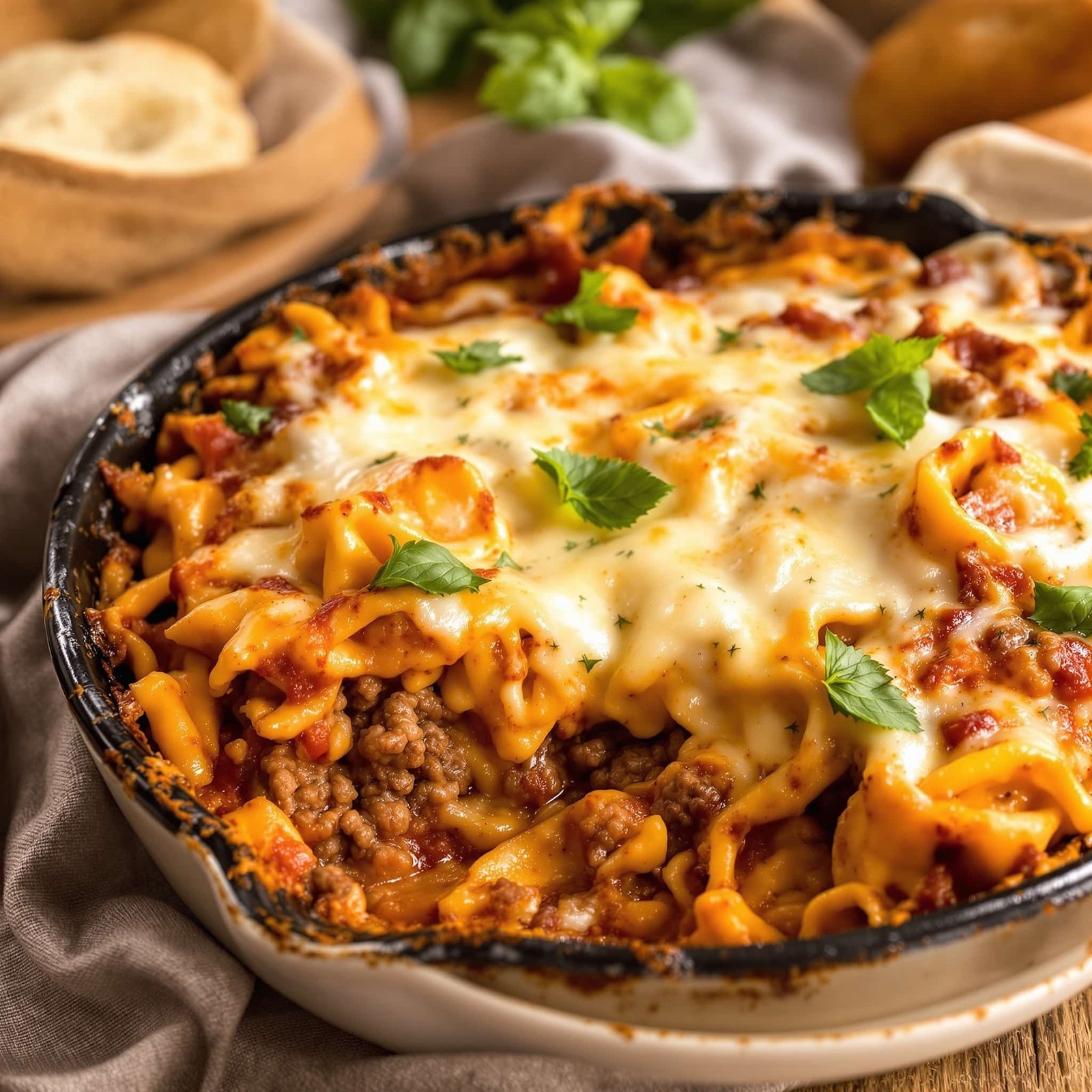 Cheesy beef tortellini bake topped with melted cheese and basil, served on a rustic table.