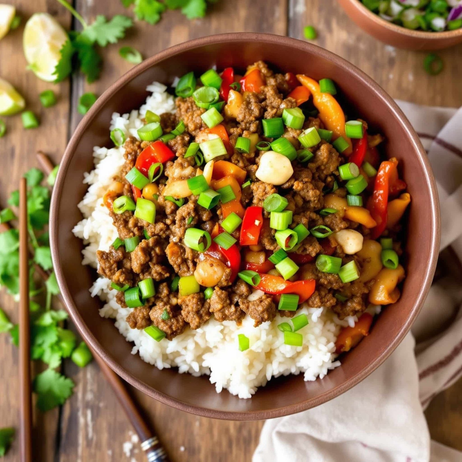 Ground beef garlic rice bowl with beef, garlic, peppers, and rice, garnished with green onions.