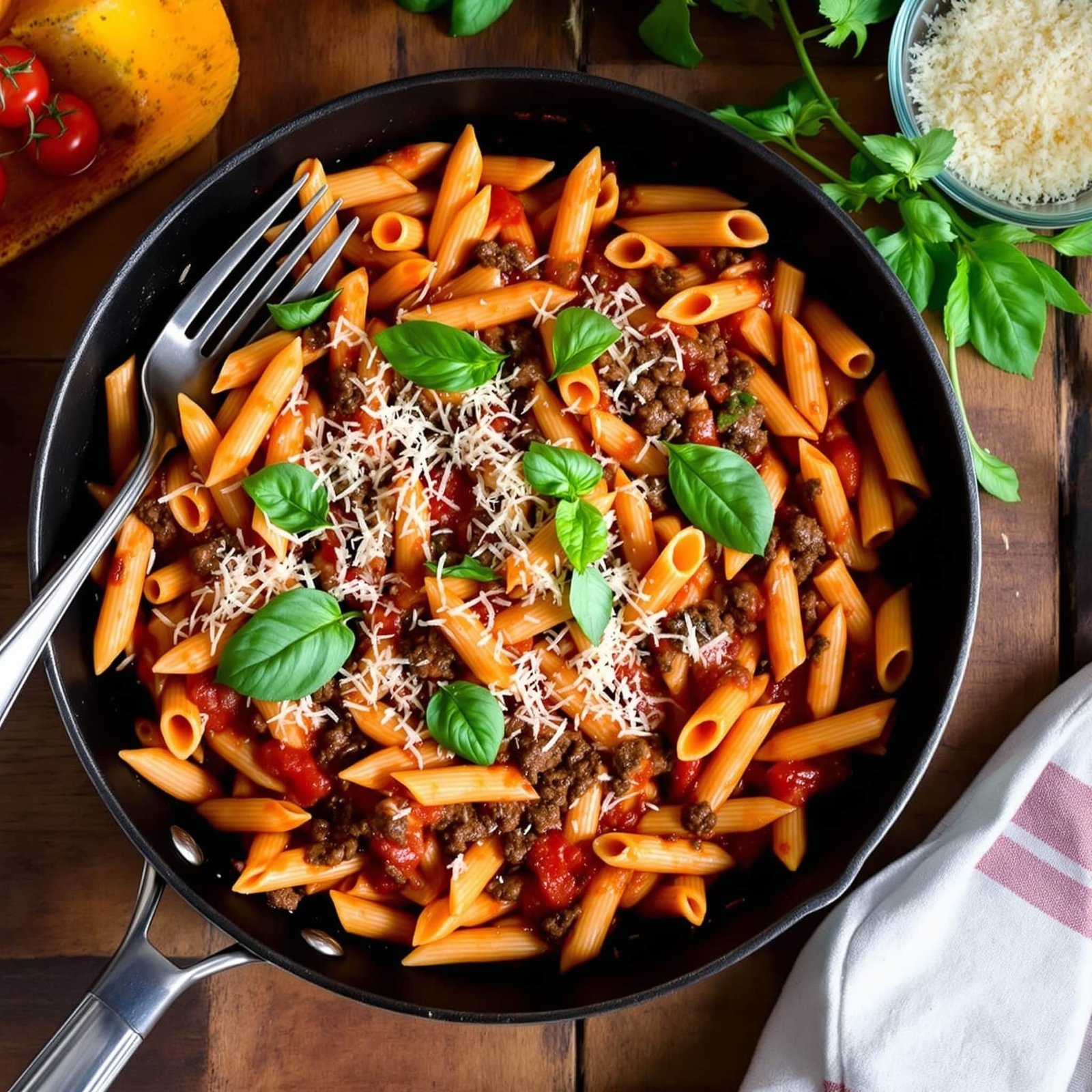 A hearty beef and onion pasta dish in a skillet, garnished with basil and Parmesan, placed on a rustic table.