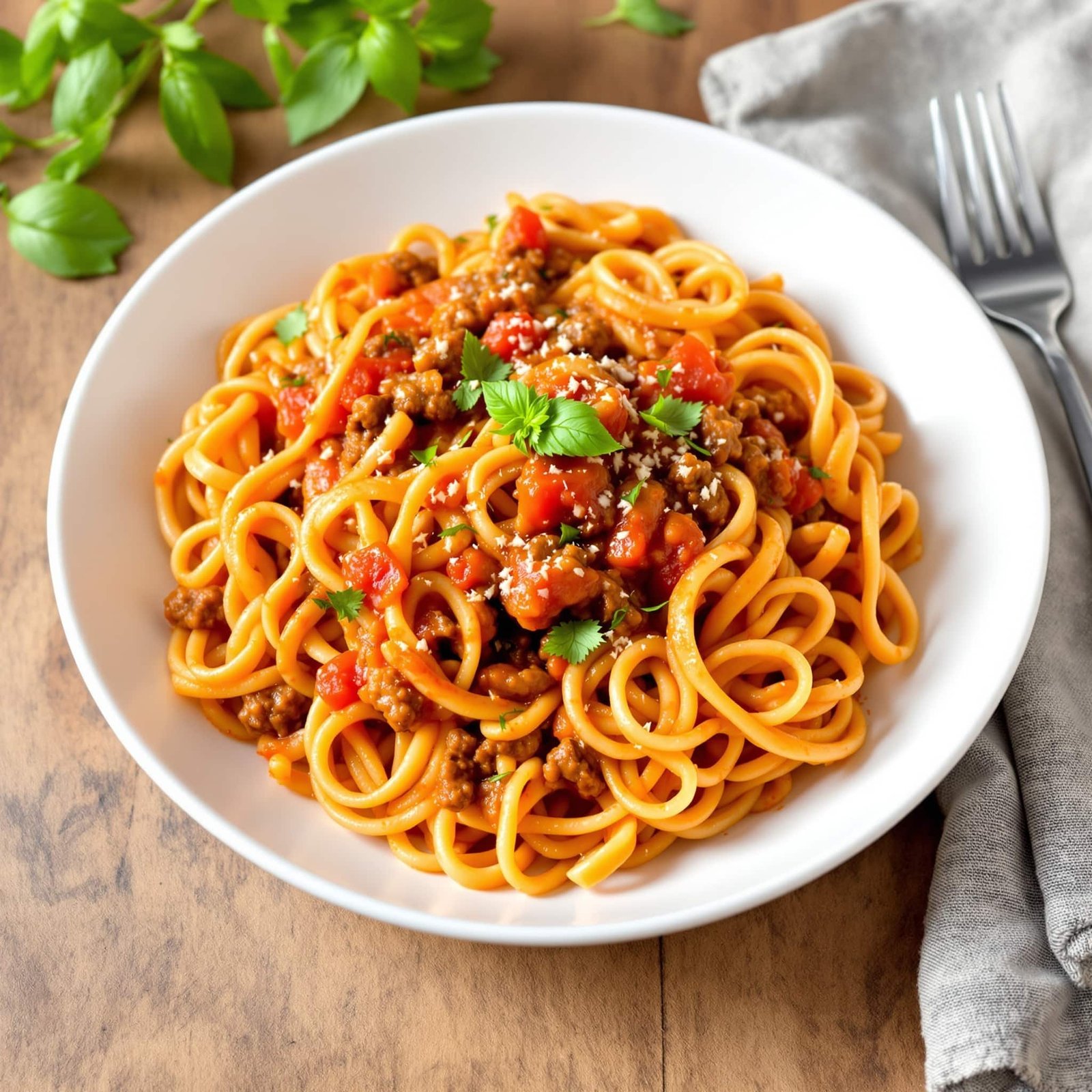 A hearty bowl of creamy beef tomato pasta garnished with basil, on a rustic table.