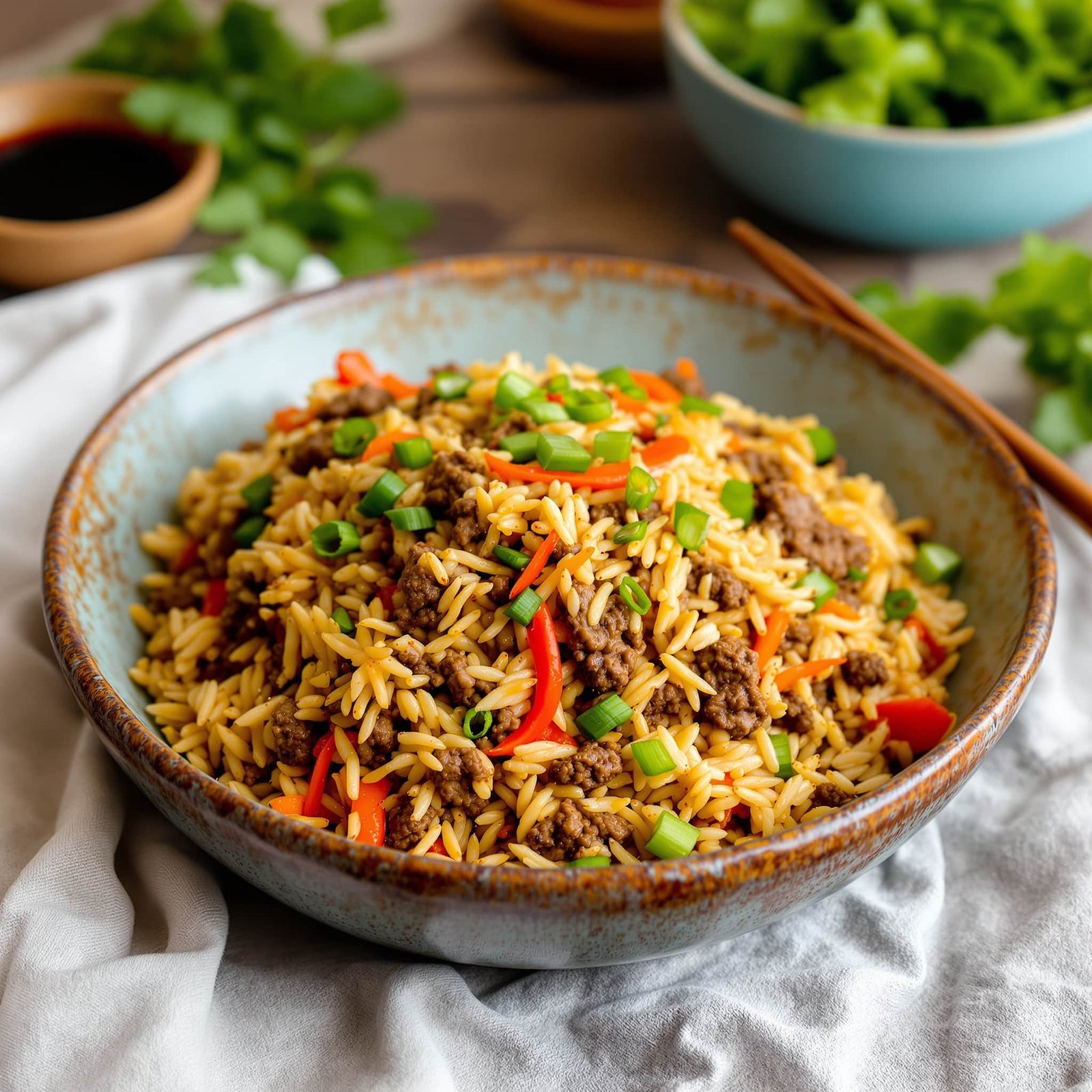 Ground beef fried rice in a bowl with green onions and mixed vegetables, served with chopsticks.