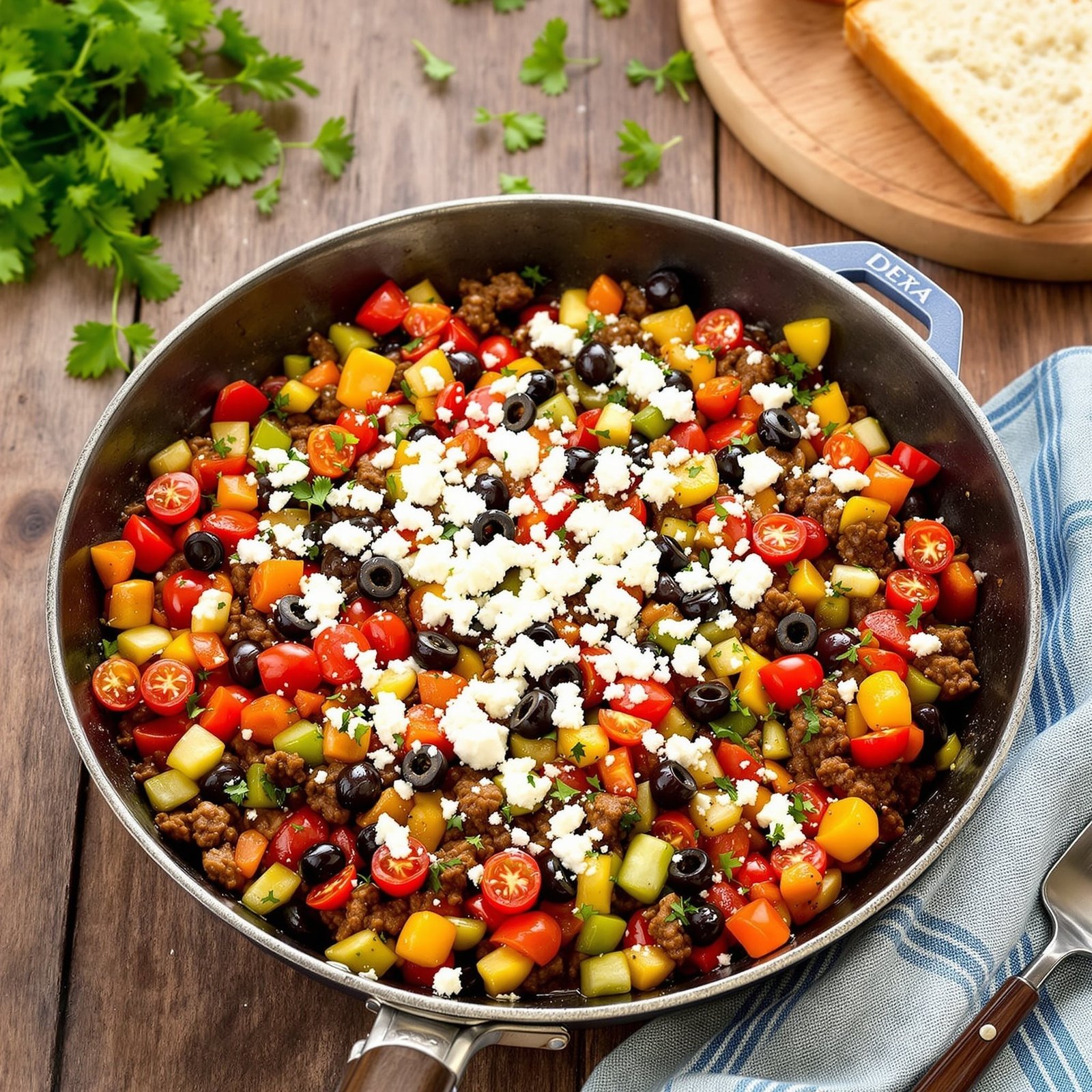 Mediterranean ground beef skillet with vegetables and feta cheese on a rustic table.