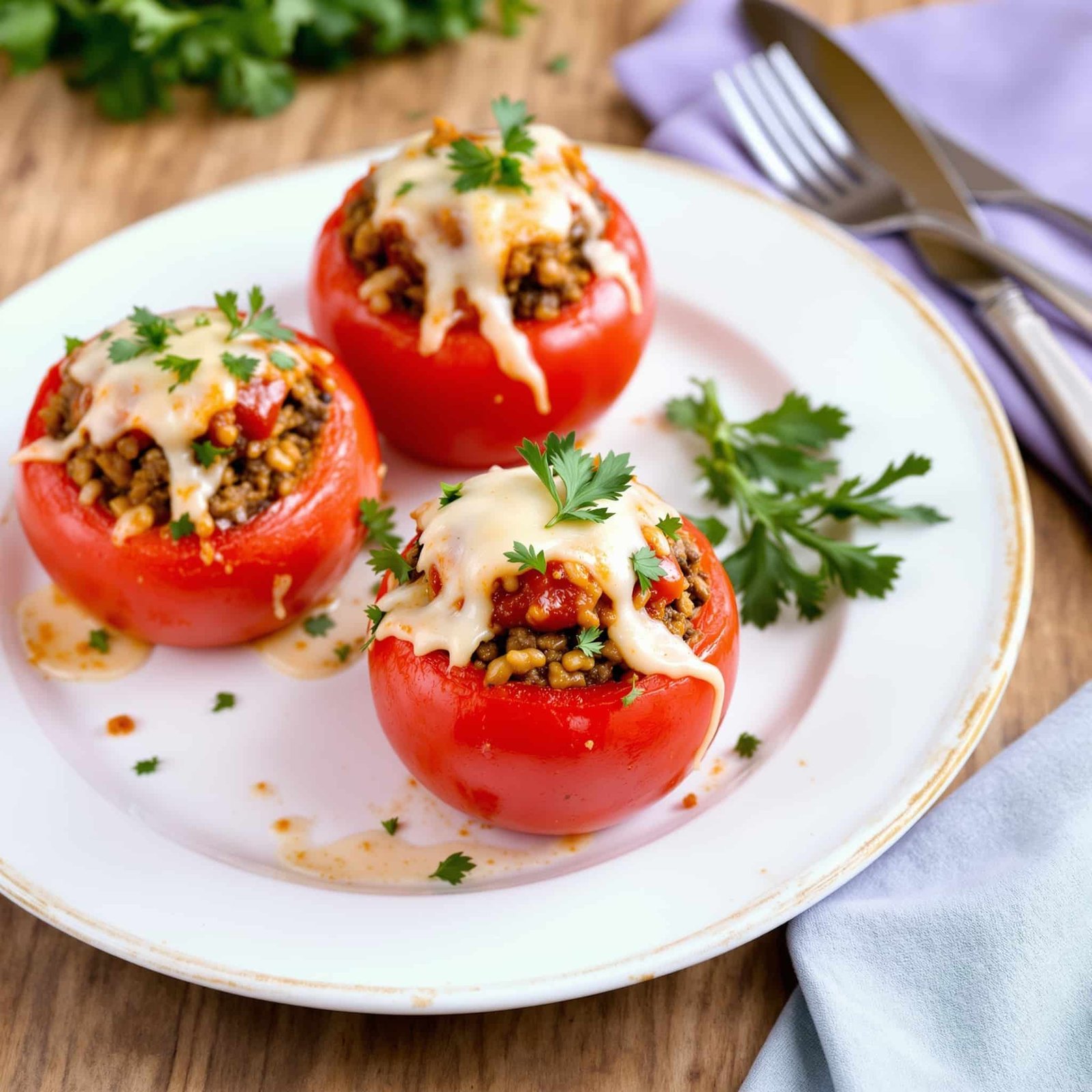 A plate of stuffed tomatoes filled with ground beef and rice, garnished with parsley, on a wooden table.