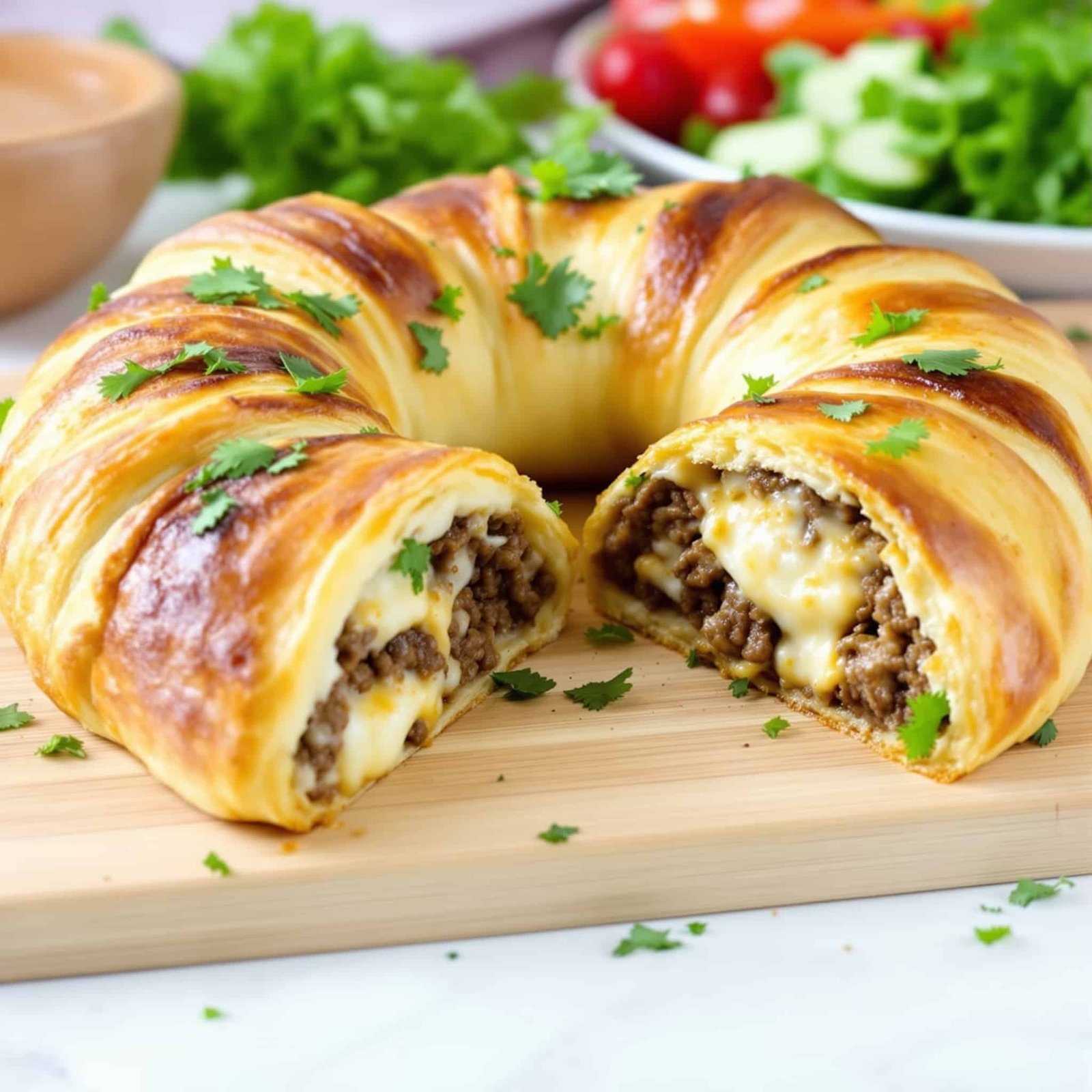 Cheesy Beef Crescent Ring on a cutting board garnished with parsley, sliced to show filling, accompanied by dipping sauce.