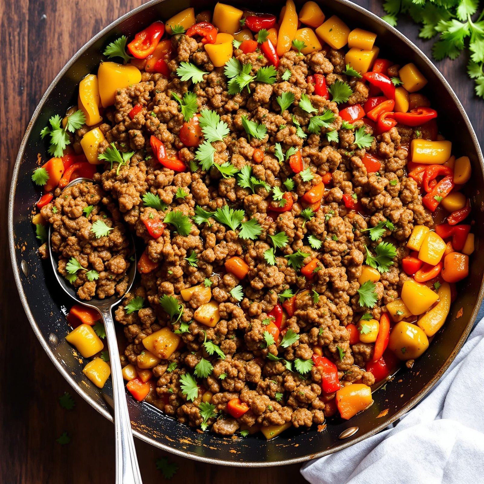 A colorful garlic herb ground beef skillet with ground beef and fresh vegetables, ready to serve.