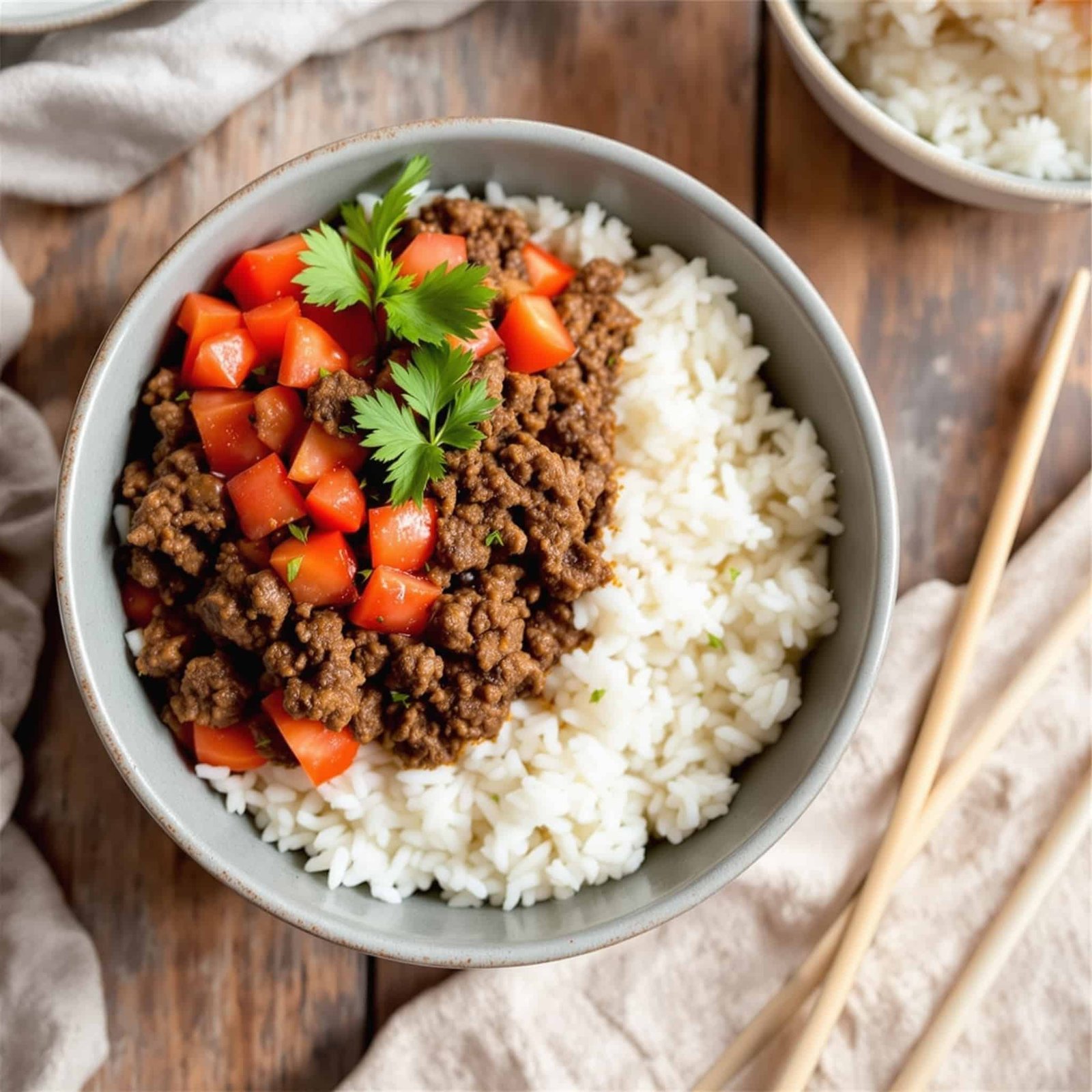 A hearty Beef and Tomato Rice Bowl with ground beef and diced tomatoes on rice, garnished with parsley, on a rustic table.