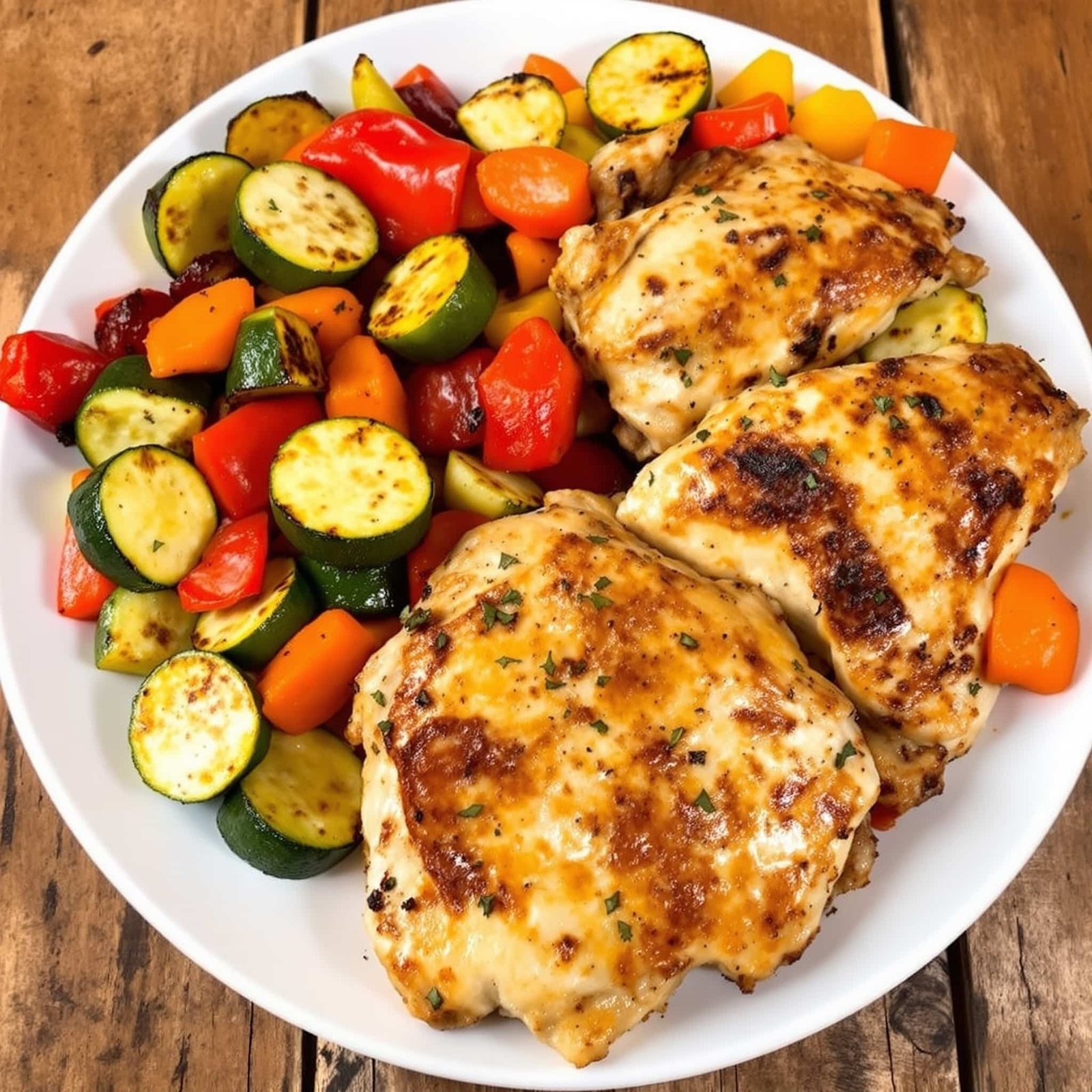 Platter of lemon garlic chicken with colorful roasted vegetables on a rustic wooden table.