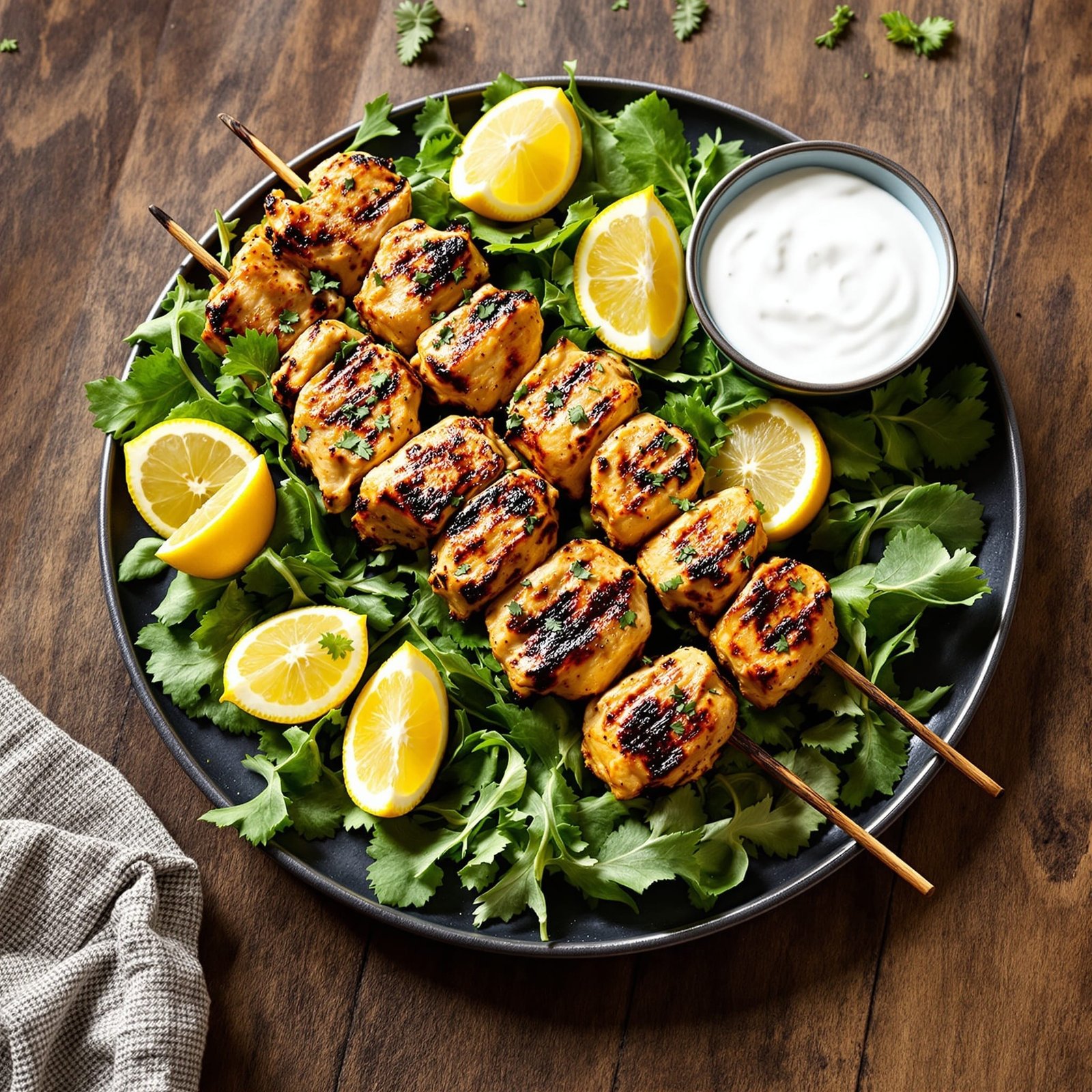 Grilled chicken souvlaki skewers with tzatziki sauce and lemon, served on greens.